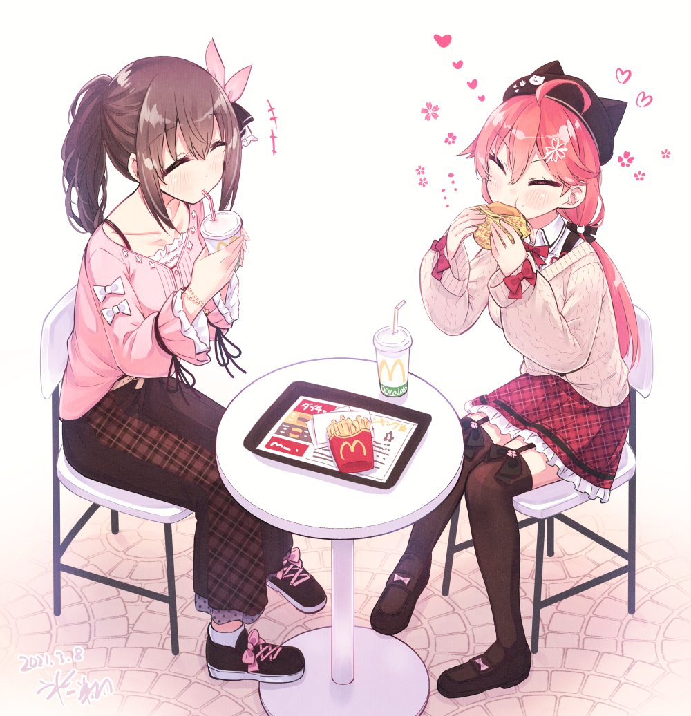 2girls ahoge bra_strap brown_hair burger cat_hair_ornament chair closed_eyes cup disposable_cup eating food french_fries garter_straps hair_ornament heart hikawa_shou hololive long_skirt low_twintails mcdonald's miniskirt multiple_girls pink_hair plaid plaid_skirt ponytail sakura_miko shoes skirt sneakers table thigh-highs tokino_sora twintails virtual_youtuber