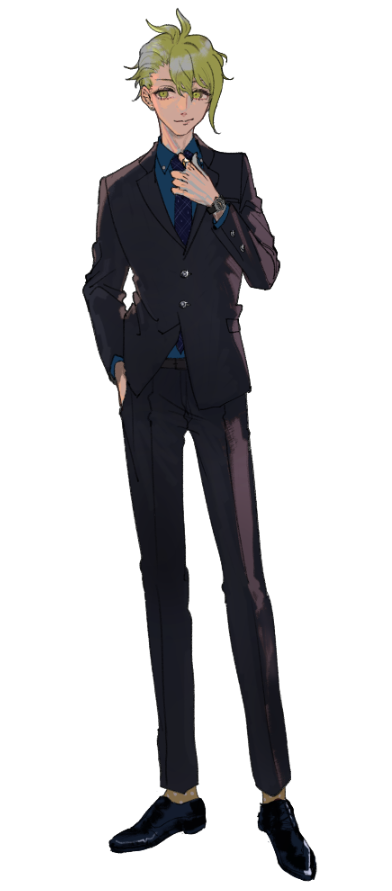 1boy alternate_costume alternate_hairstyle antenna_hair bangs black_footwear black_jacket black_pants blue_neckwear collared_shirt commentary dangan_ronpa_(series) dangan_ronpa_v3:_killing_harmony english_commentary formal full_body green_eyes green_hair hand_in_pocket hand_up jacket jewelry laaaicha long_sleeves looking_at_viewer male_focus pants ring shirt short_hair simple_background smile solo standing suit watch watch white_background