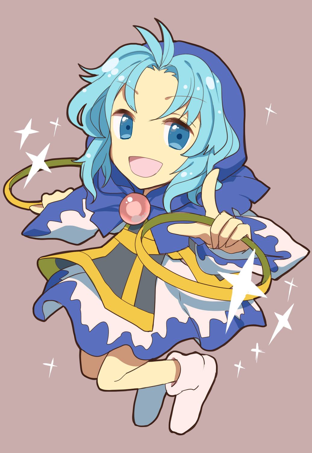 1girl arms_up bangs blue_cape blue_dress blue_eyes blue_hair blue_hood blue_sleeves boots brown_background cape chibi dress eyebrows_visible_through_hair gem hair_between_eyes hands_up highres holding hood jewelry jumping kumoi_ichirin long_sleeves looking_at_viewer nayozane_(worker7) open_mouth pointing pointing_at_viewer ring short_hair simple_background smile solo star_(symbol) touhou white_dress white_footwear white_sleeves wide_sleeves