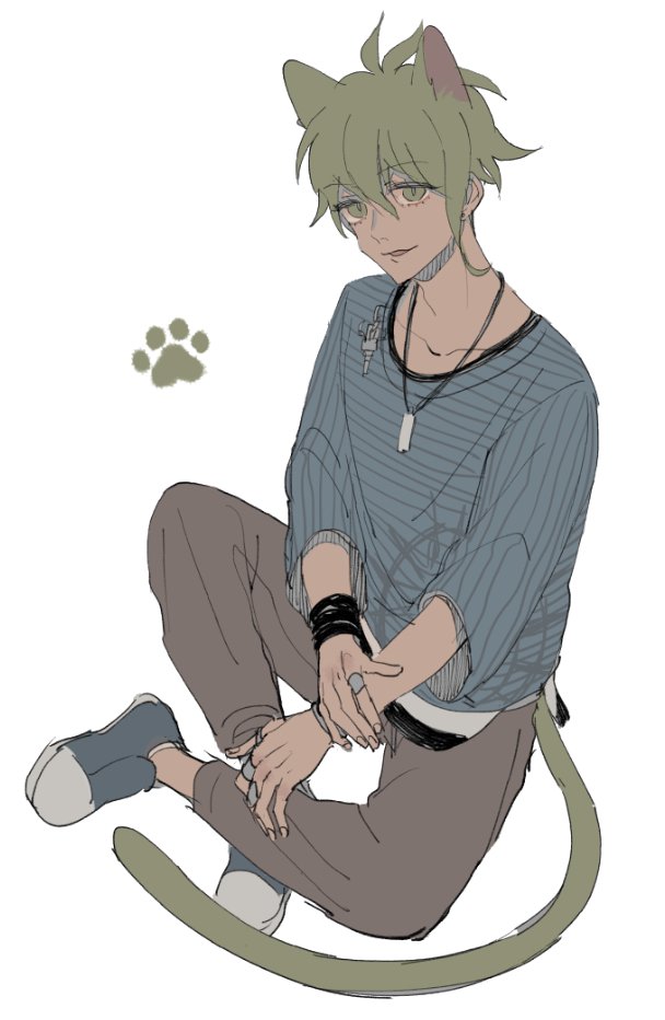 1boy amami_rantarou animal_ears antenna_hair bangs brown_pants cat_boy cat_ears cat_tail collarbone commentary dangan_ronpa_(series) dangan_ronpa_v3:_killing_harmony ear_piercing green_eyes green_hair hair_between_eyes jewelry laaaicha long_sleeves looking_at_viewer male_focus necklace open_mouth pants paw_print paw_print_background piercing ring shirt shoes short_hair simple_background sitting solo striped striped_shirt tail white_background