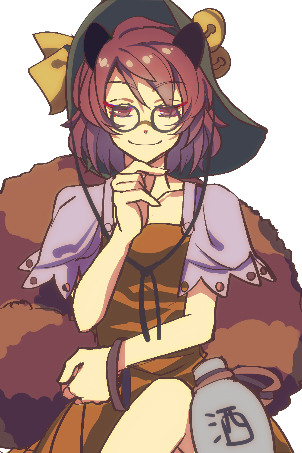 1girl animal_ears bangs bell bottle bow bracelet brown_eyes brown_hair closed_mouth crossed_legs dress eyebrows_visible_through_hair eyes_visible_through_hair futatsuiwa_mamizou glasses green_headwear hair_between_eyes hand_up hat hat_bow highres jewelry looking_at_viewer nayozane_(worker7) orange_dress raccoon_ears raccoon_tail short_hair short_sleeves simple_background sitting smile solo tail touhou white_background white_sleeves yellow_bow