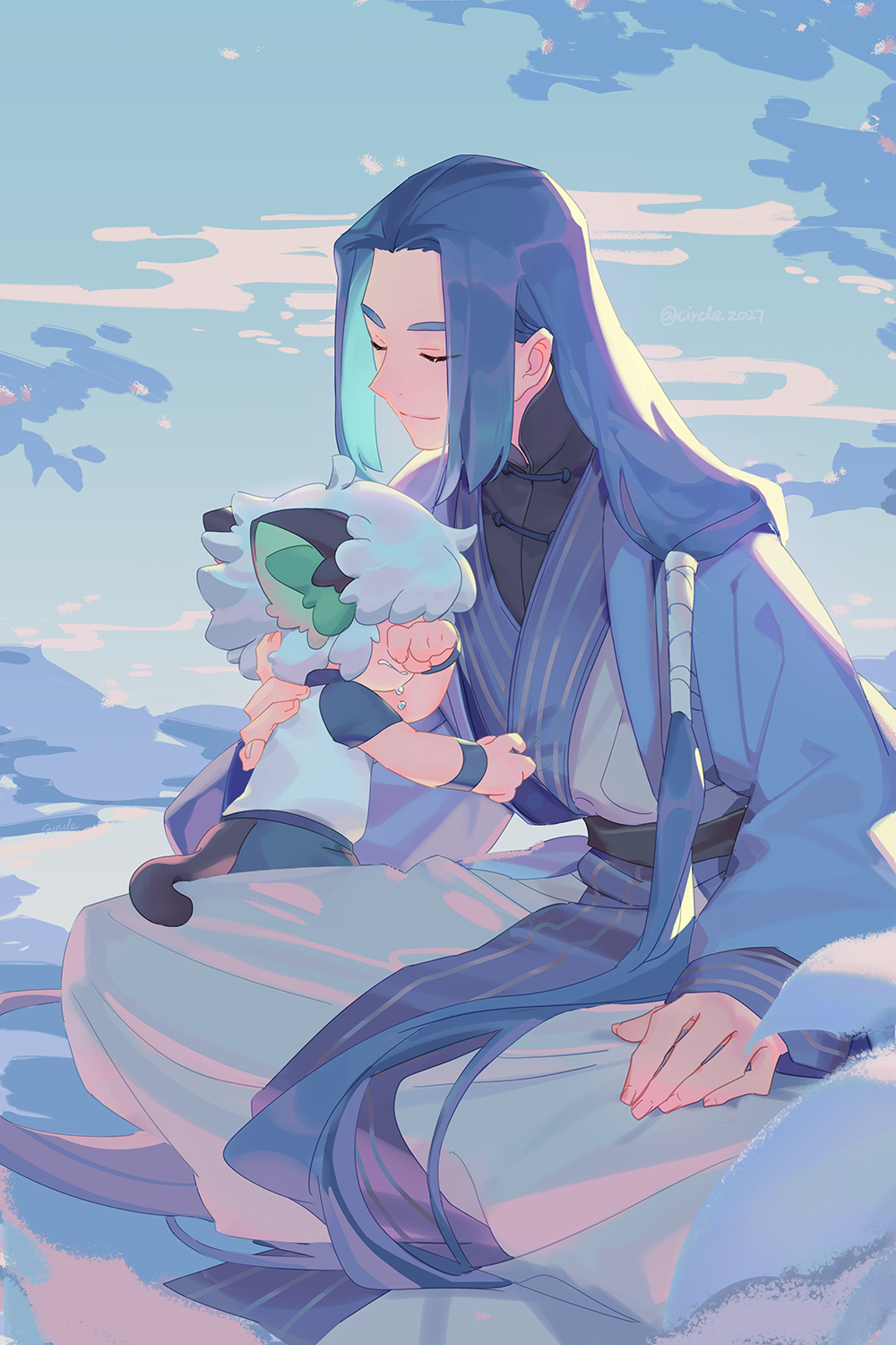 2boys animal_ears bangs blue_hair cat_boy cat_ears cat_tail child closed_eyes height_difference highres long_hair long_sleeves luoxiaohei multiple_boys short_hair short_sleeves smile suncle tail the_legend_of_luo_xiaohei very_long_hair white_hair wuxian_(the_legend_of_luoxiaohei)