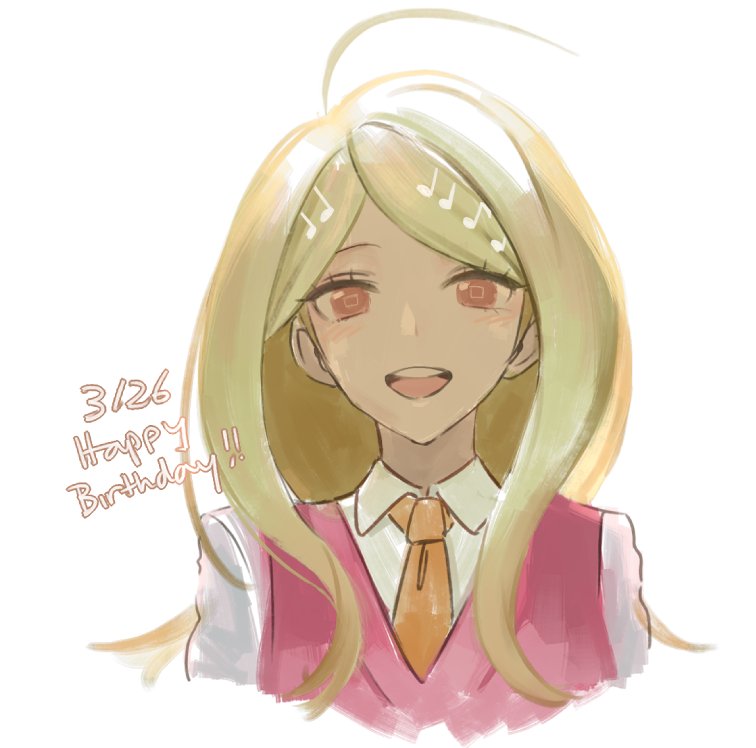 1girl :d ahoge akamatsu_kaede bangs blonde_hair collared_shirt commentary cropped_torso dangan_ronpa_(series) dangan_ronpa_v3:_killing_harmony dated hair_ornament happy_birthday laaaicha long_hair looking_at_viewer musical_note_hair_ornament necktie open_mouth orange_neckwear pink_vest shirt simple_background smile solo sweater_vest vest white_background white_shirt
