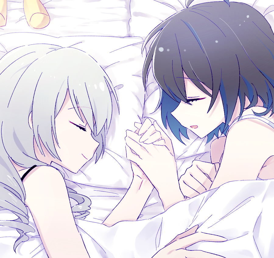 2girls 6_(yuchae) :d antenna_hair bangs bare_shoulders bed bed_sheet blue_hair bronya_zaychik closed_mouth doll from_above grey_hair holding_hands honkai_(series) honkai_impact_3rd long_hair multiple_girls open_mouth pillow seele_vollerei short_hair sleeping sleeveless smile yuri