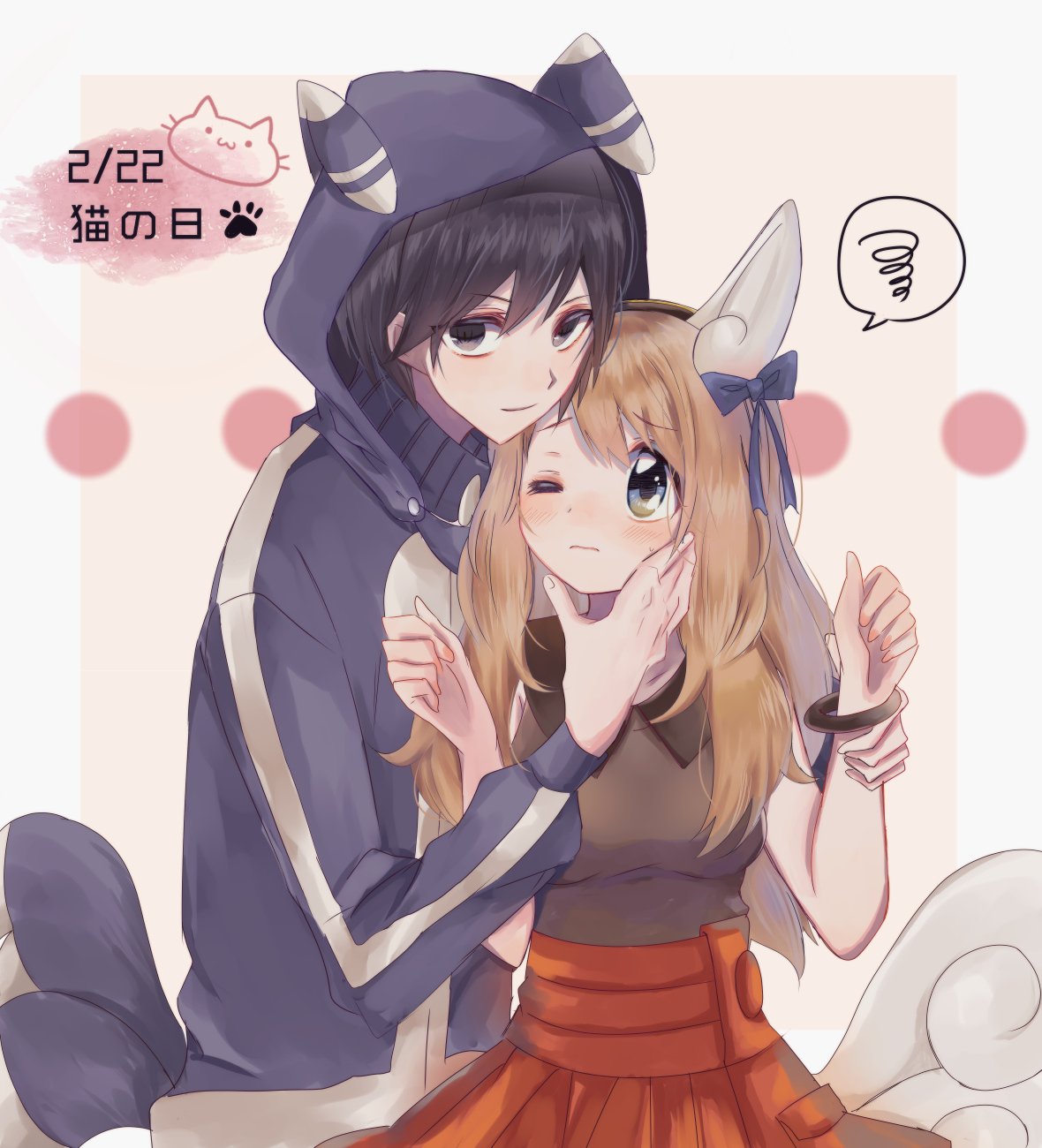 1boy 1girl bangs blonde_hair blush bow bracelet calem_(pokemon) closed_mouth commentary gen_6_pokemon grey_eyes hair_bow hands_up highres hood hood_up jacket jewelry looking_at_viewer meowstic meowstic_(female) meowstic_(male) nasakixoc number orange_skirt paw_print pleated_skirt pokemon pokemon_(game) pokemon_ears pokemon_tail pokemon_xy serena_(pokemon) shirt skirt sleeveless sleeveless_shirt spoken_squiggle squiggle tail turtleneck_jacket