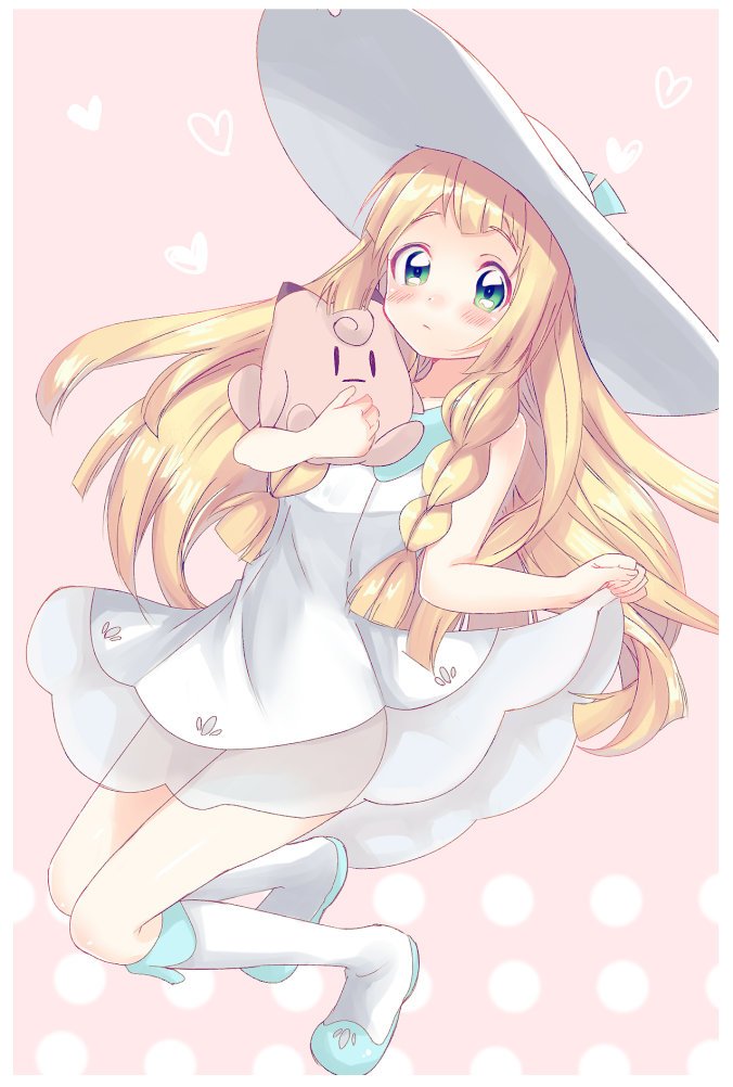 1girl bangs bare_arms blonde_hair blue_footwear blue_ribbon blush border braid character_doll clefairy closed_mouth collared_dress commentary doll dress gen_1_pokemon green_eyes hand_up hat hat_ribbon heart holding holding_doll kneehighs lillie_(pokemon) long_hair looking_at_viewer nasakixoc pokemon pokemon_(game) pokemon_sm ribbon see-through shoes sleeveless sleeveless_dress socks sun_hat sundress twin_braids white_border white_dress white_headwear white_legwear