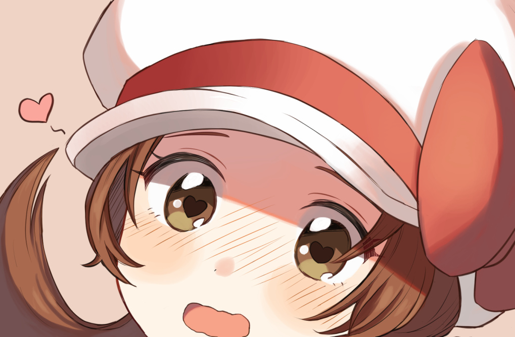 1girl blush bow brown_eyes brown_hair cabbie_hat commentary_request eyelashes face hat hat_bow heart heart-shaped_pupils long_hair looking_at_viewer lyra_(pokemon) nasakixoc open_mouth pokemon pokemon_(game) pokemon_hgss red_bow simple_background solo symbol-shaped_pupils tongue twintails white_headwear