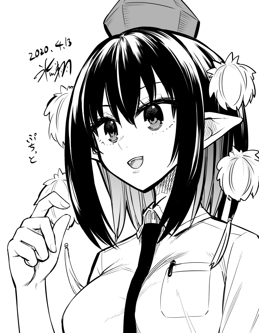 1girl breast_pocket breasts dated greyscale hat highres hikawa_shou medium_breasts monochrome necktie open_mouth pocket pom_pom_(clothes) shameimaru_aya signature smile solo tokin_hat touhou translation_request upper_body