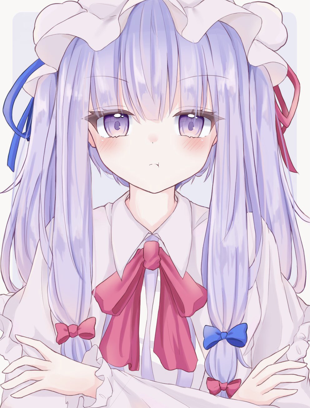 1girl bangs blue_bow border bow bowtie closed_mouth crescent crescent_pin crossed_arms eyebrows_visible_through_hair grey_background hair_bow hat highres korira long_hair long_sleeves looking_at_viewer mob_cap multiple_bows patchouli_knowledge pout purple_hair red_bow red_neckwear simple_background solo touhou upper_body violet_eyes white_border white_headwear