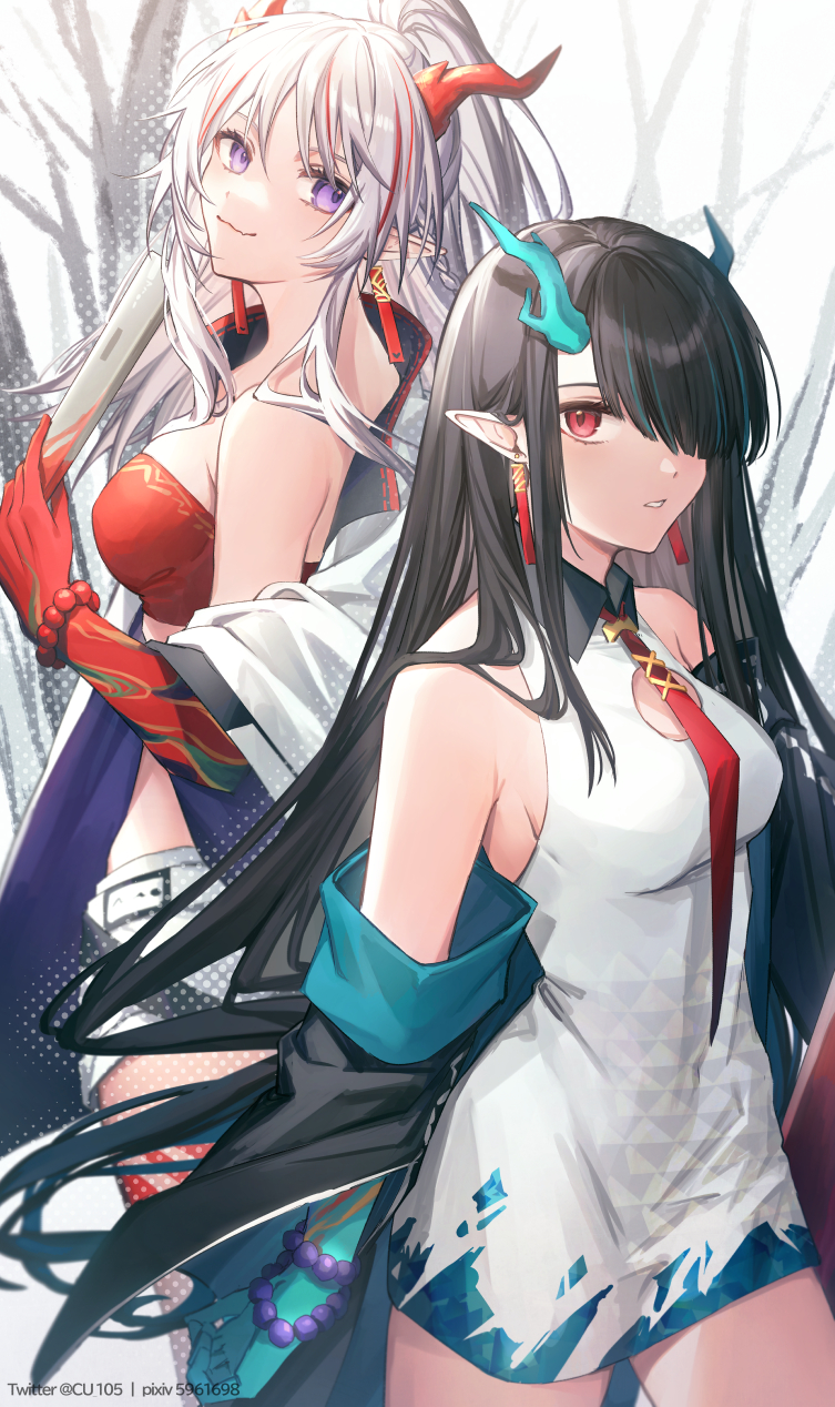 2girls arknights bandeau bangs bare_shoulders bead_bracelet beads black_hair bracelet breasts commentary_request cowboy_shot coyucom dress dusk_(arknights) highres horns jewelry long_hair looking_at_viewer medium_breasts multicolored_hair multiple_girls nian_(arknights) off_shoulder partial_commentary pencil_dress pointy_ears red_eyes red_neckwear short_shorts shorts siblings silver_hair sisters sleeveless sleeveless_dress smile standing strapless streaked_hair tubetop very_long_hair violet_eyes white_dress white_shorts