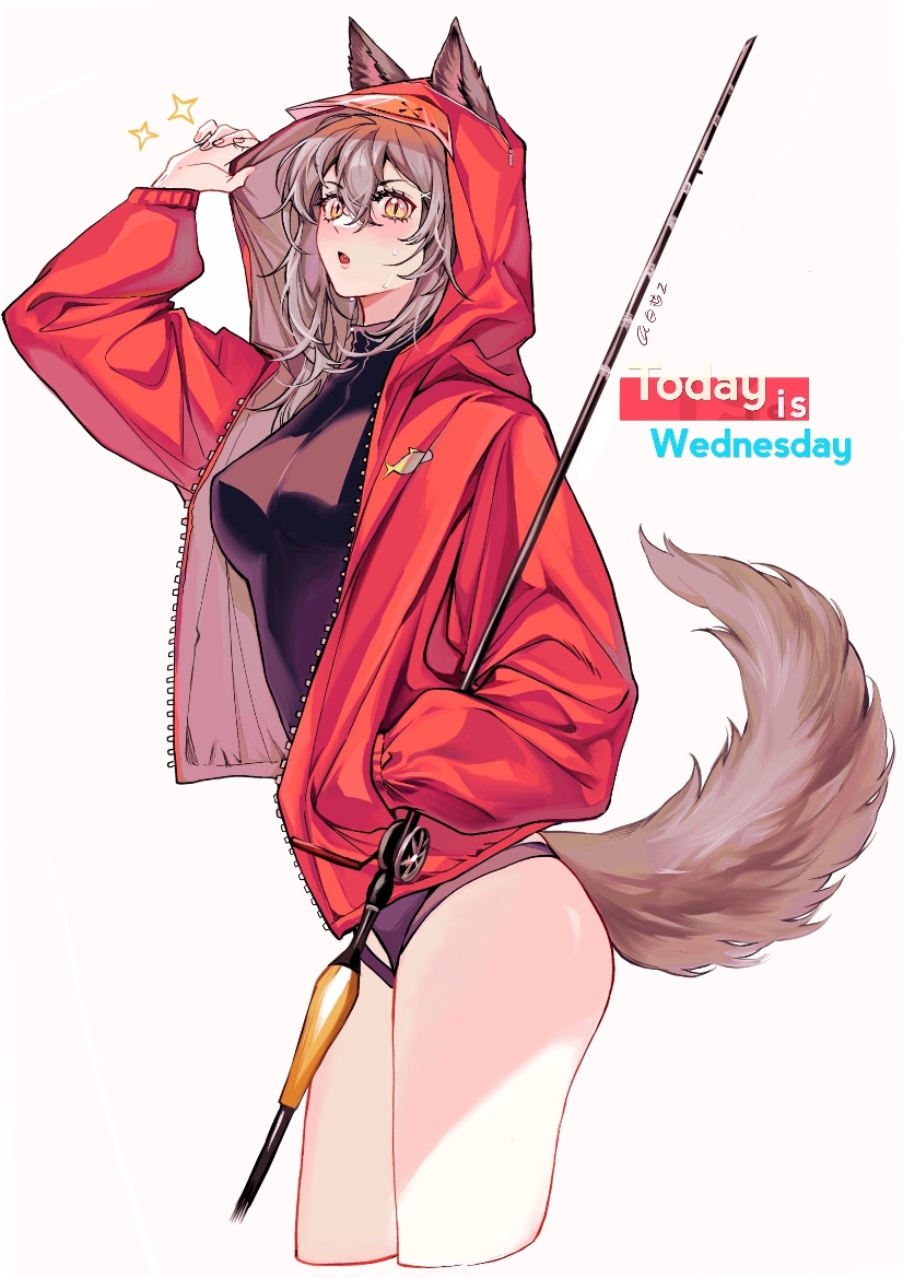 1girl :o animal_ears arknights bai_xin black_swimsuit breasts commentary_request cowboy_shot fishing_rod from_side grey_eyes grey_hair hand_in_pocket hand_up holding holding_fishing_rod hood hood_up hooded_jacket jacket long_sleeves looking_at_viewer medium_breasts one-piece_swimsuit open_clothes open_jacket partial_commentary projekt_red_(arknights) projekt_red_(light_breeze)_(arknights) red_jacket short_hair solo sparkle standing sweat swimsuit tail thigh_strap thighs wolf_ears wolf_tail