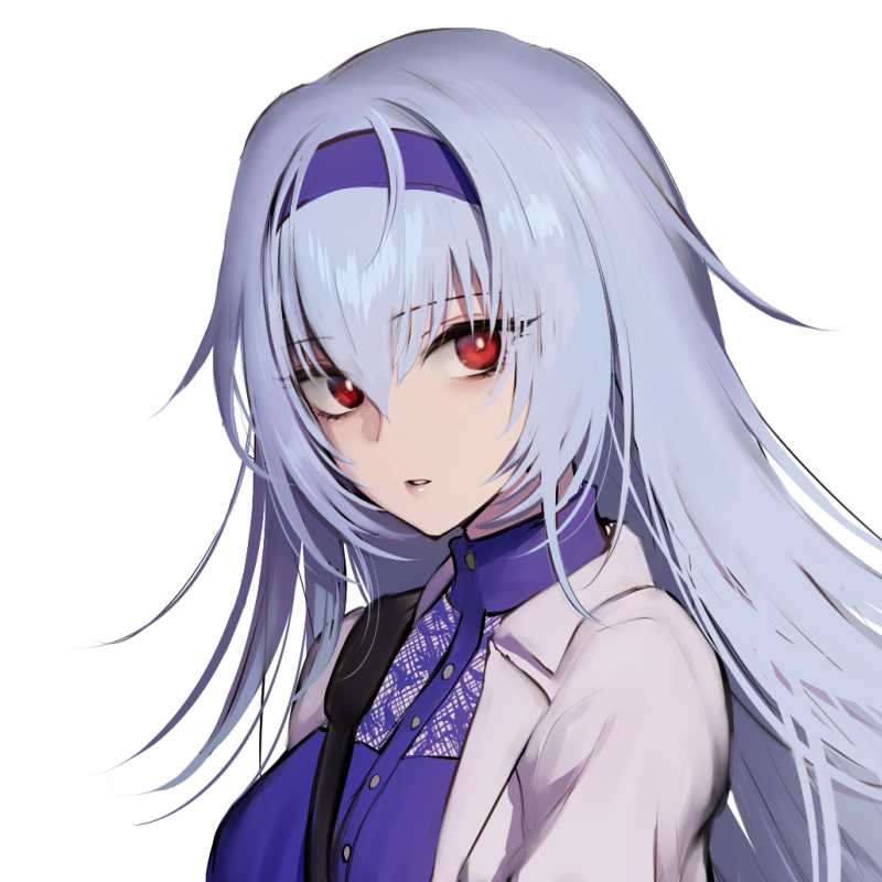 1girl bangs commentary_request dress girls_frontline girls_frontline_glitch_land grey_hair hair_between_eyes hairband jacket long_hair looking_at_viewer open_clothes open_jacket portrait purple_dress purple_hairband red_eyes shoukaki_(earthean) solo thunder_(girls_frontline) white_background white_jacket