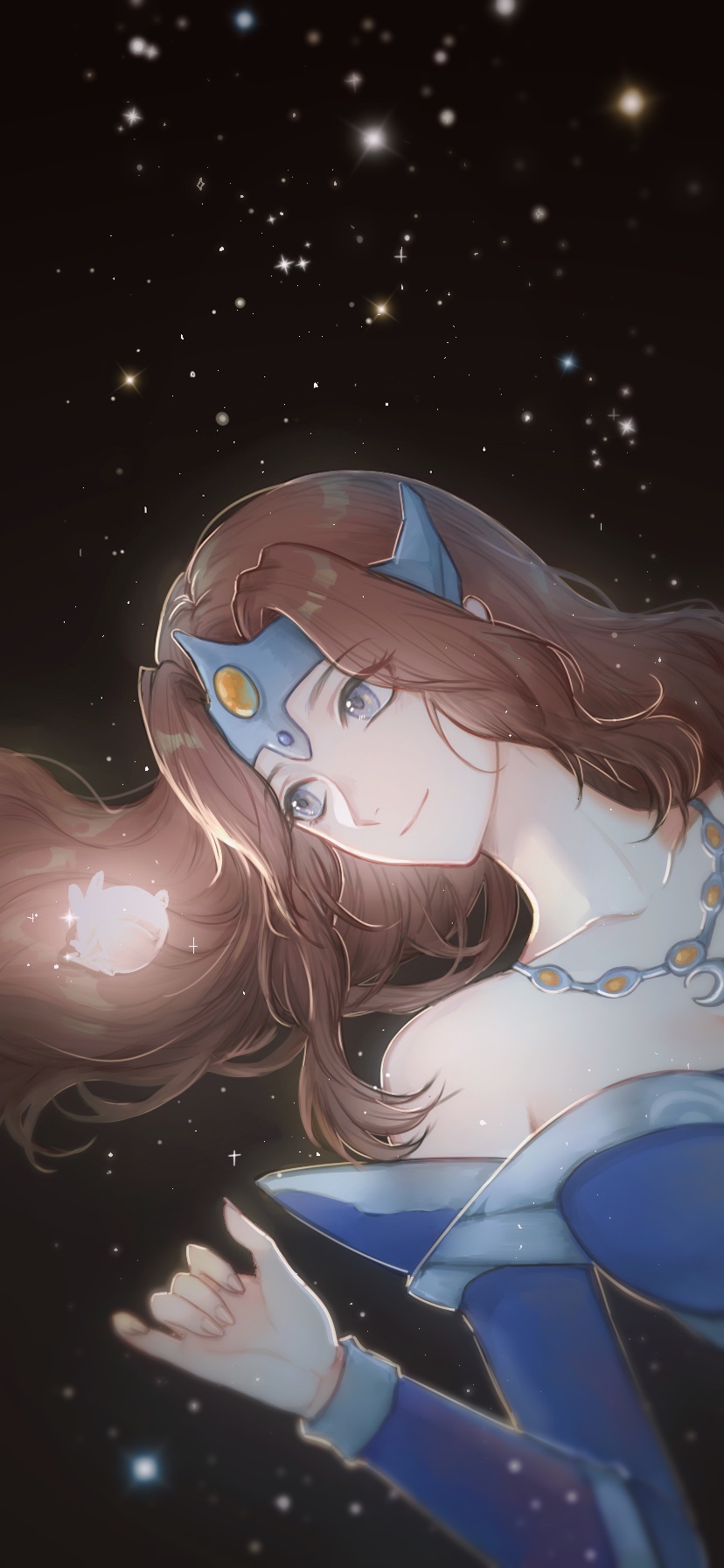 1girl bangs bare_shoulders blue_dress blue_eyes brown_hair circlet closed_mouth defense_of_the_ancients dota_2 dress eren_(artist) glowing highres jewelry long_hair mirana necklace night night_sky sky smile solo star_(sky)