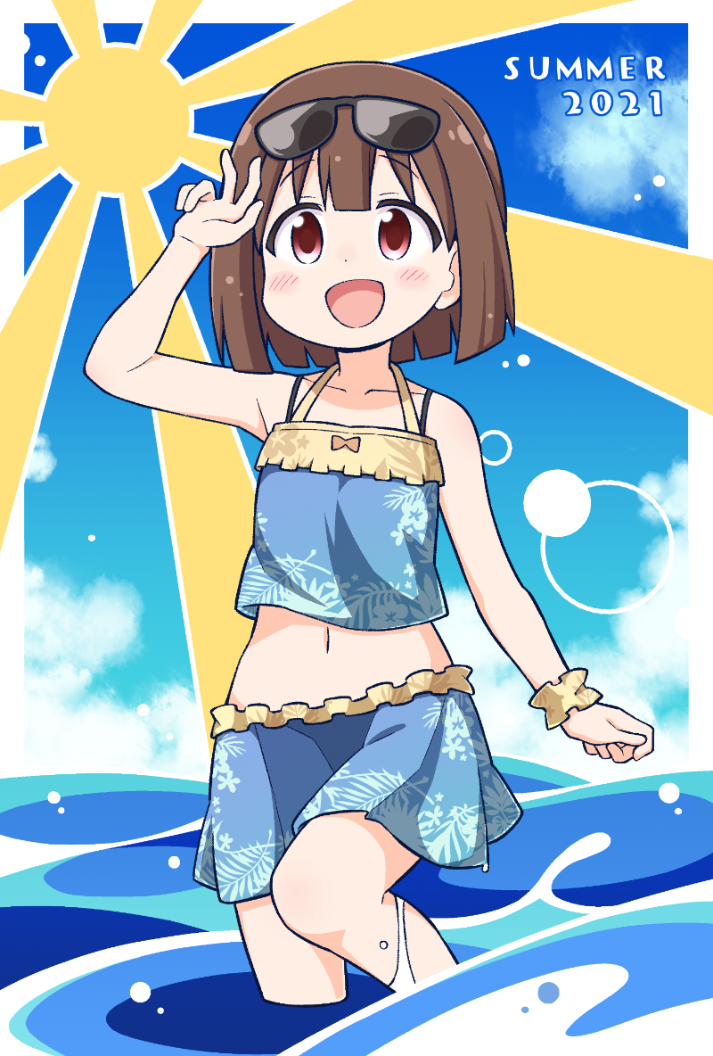 1girl 2021 :d arm_up bangs bare_arms bare_shoulders black-framed_eyewear blue_camisole blue_skirt blue_sky blush brown_hair camisole clouds collarbone commentary_request crop_top day eyebrows_visible_through_hair hozuki_momiji looking_at_viewer midriff navel nekotoufu onii-chan_wa_oshimai open_mouth outdoors red_eyes skirt sky smile solo standing standing_on_one_leg summer sun_symbol sunglasses water wrist_cuffs