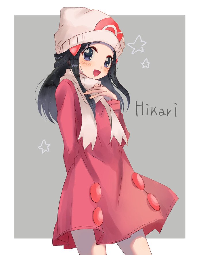 1girl beanie black_hair blue_eyes blush border character_name coat commentary_request hikari_(pokemon) eyelashes grey_background hair_ornament hairclip hand_up hat long_hair long_sleeves looking_at_viewer nasakixoc outside_border pokemon pokemon_(game) pokemon_dppt pokemon_platinum scarf solo star_(symbol) white_border white_headwear white_scarf