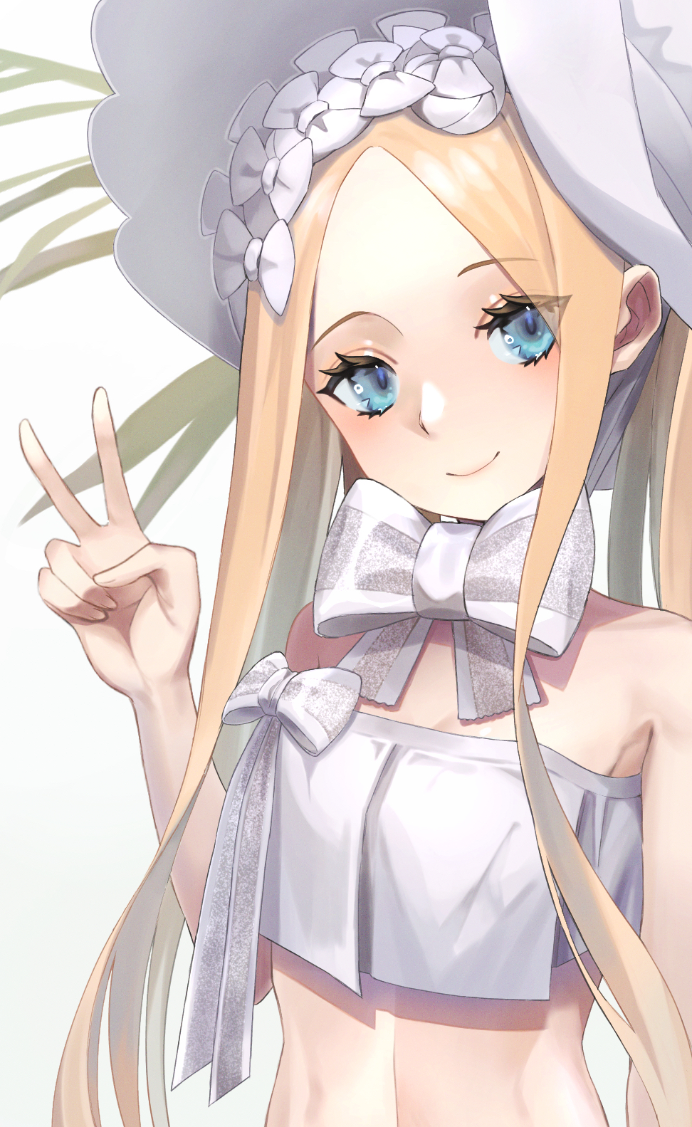 1girl abigail_williams_(fate) abigail_williams_(swimsuit_foreigner)_(fate) blonde_hair blue_eyes bow bowtie closed_mouth eyebrows_visible_through_hair eyelashes eyes_visible_through_hair fate/grand_order fate_(series) fingernails hat highres long_eyelashes long_hair looking_at_viewer plant smile solo swimsuit toho10min too_many too_many_bows upper_teeth v white_background white_bow white_headwear