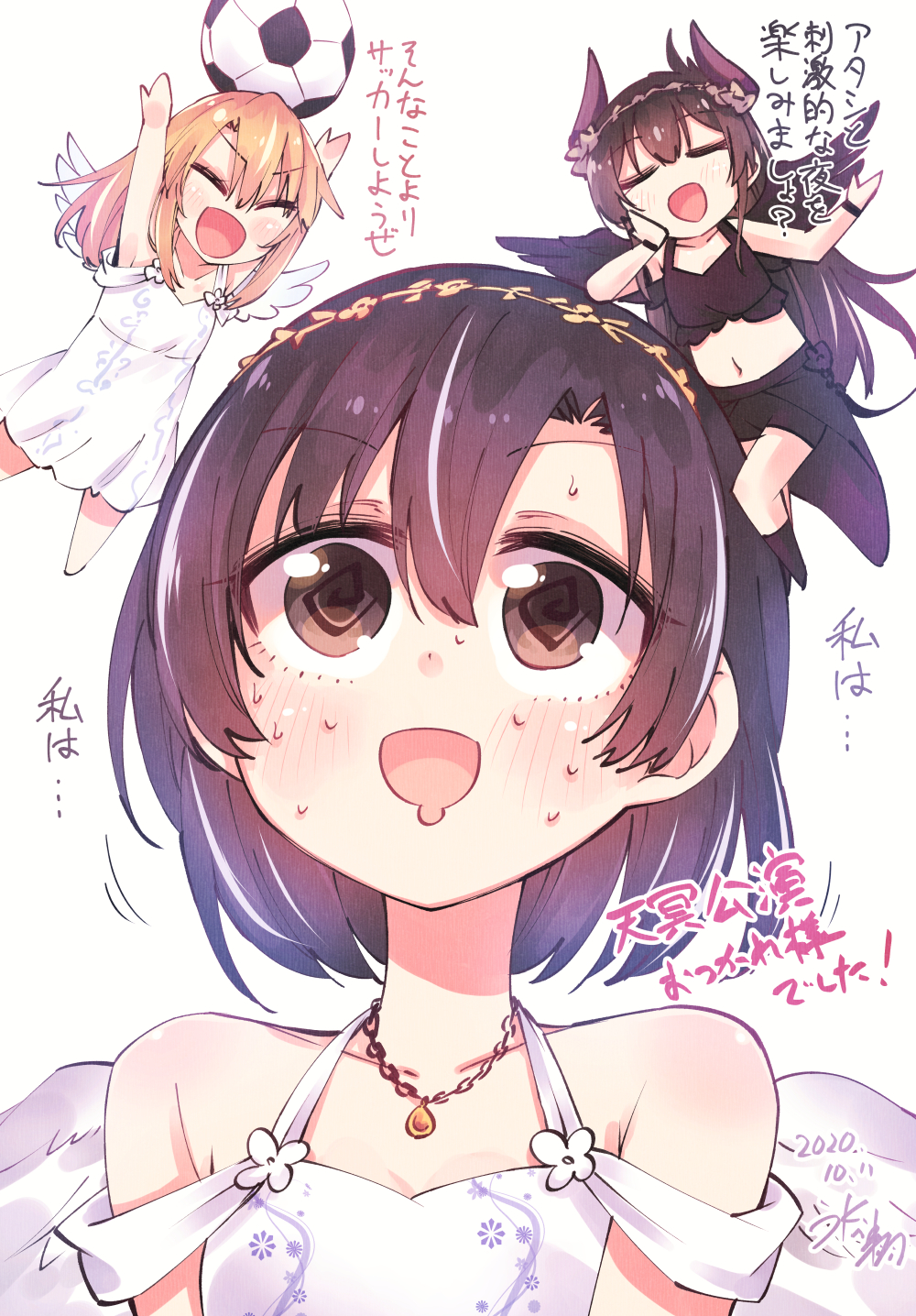 3girls angel_and_devil angel_wings ball black_wings bracelet brown_eyes brown_hair chibi crop_top dated demon_horns dress drooling hairband head_rest highres hikawa_shou horns idolmaster idolmaster_cinderella_girls jewelry long_hair matoba_risa medium_hair midriff multiple_girls navel necklace open_mouth orange_hair shiragiku_hotaru signature smile soccer_ball sweat translation_request white_dress wings yuuki_haru