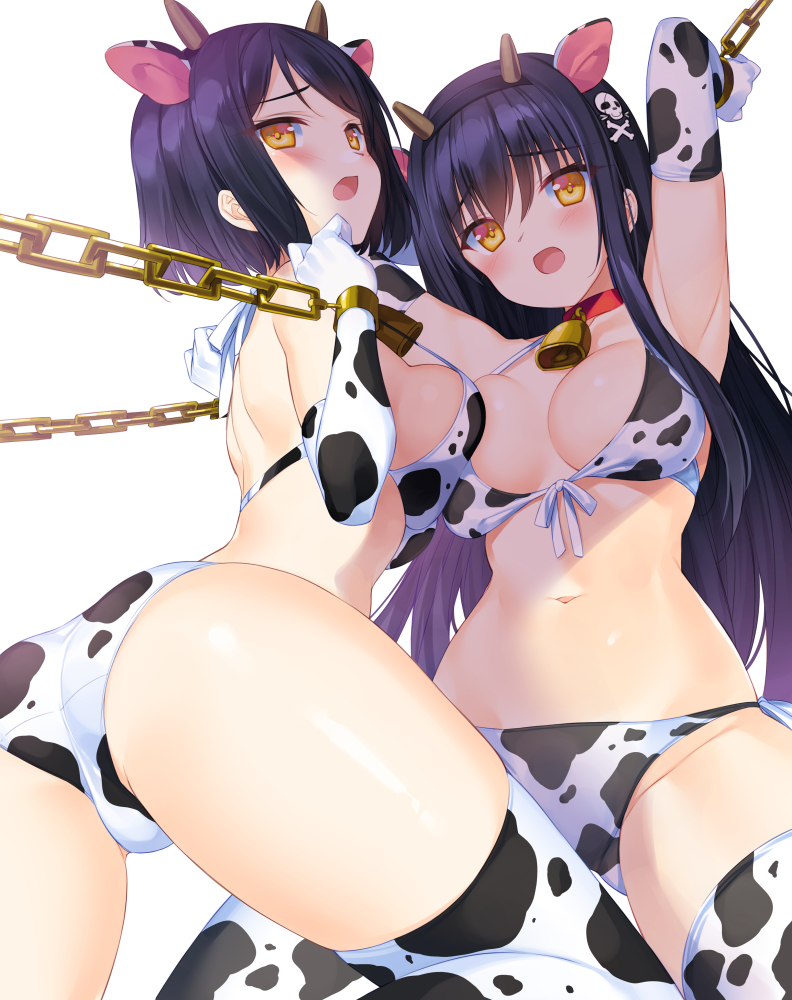 2girls animal_ears animal_print armpits arms_up ass bare_shoulders bell bikini black_hair breasts bucchake_(asami) chain character_request choker cow_ears cow_print cowbell elbow_gloves fake_animal_ears fake_horns from_behind front-tie_bikini front-tie_top gloves hairband halterneck horns kushima_kamome long_hair looking_at_viewer looking_back medium_breasts multiple_girls navel open_mouth orange_eyes red_choker restrained short_hair stomach strap_gap string_bikini summer_pockets swimsuit thigh-highs thighs very_long_hair white_bikini white_gloves white_legwear