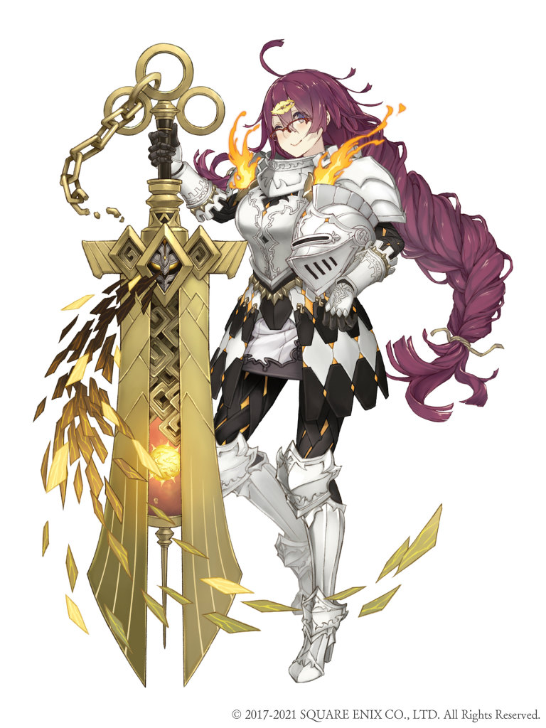 1girl ahoge armor armored_boots blue_eyes boots braid breastplate dorothy_(sinoalice) faulds full_body gauntlets glasses hair_ornament hairclip headwear_removed helmet helmet_removed holding holding_helmet holding_sword holding_weapon huge_weapon ji_no long_hair looking_at_viewer messy_hair official_art one_eye_closed over-rim_eyewear plate_armor purple_hair semi-rimless_eyewear shoulder_armor sinoalice smile solo square_enix sword weapon white_background