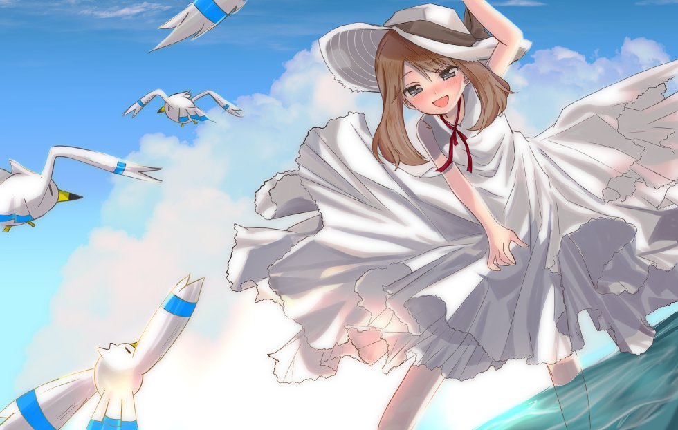 1girl :d alternate_costume arm_up bangs blush brown_hair clouds commentary_request day dress gen_3_pokemon grey_eyes hat hat_ribbon leg_up long_hair may_(pokemon) nasakixoc open_mouth outdoors pokemon pokemon_(creature) pokemon_(game) pokemon_rse ribbon sky sleeveless sleeveless_dress smile standing wading water white_dress white_headwear wingull