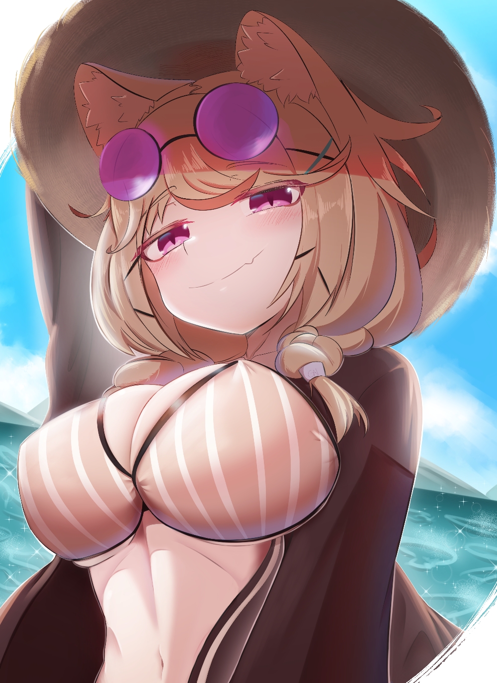 1girl animal_ear_fluff animal_ears arknights arm_behind_head bare_shoulders beach bikini black_shirt blush breasts closed_mouth commentary covered_nipples eyewear_on_head fang gician_l grey_bikini hair_over_shoulder hat highres large_breasts light_brown_hair long_hair navel off_shoulder official_alternate_costume open_clothes open_shirt outdoors parted_lips shirt skin_fang smile smug solo stomach straw_hat striped striped_bikini sunglasses swimsuit tail upper_body utage_(arknights) utage_(summer_flowers)_(arknights) violet_eyes