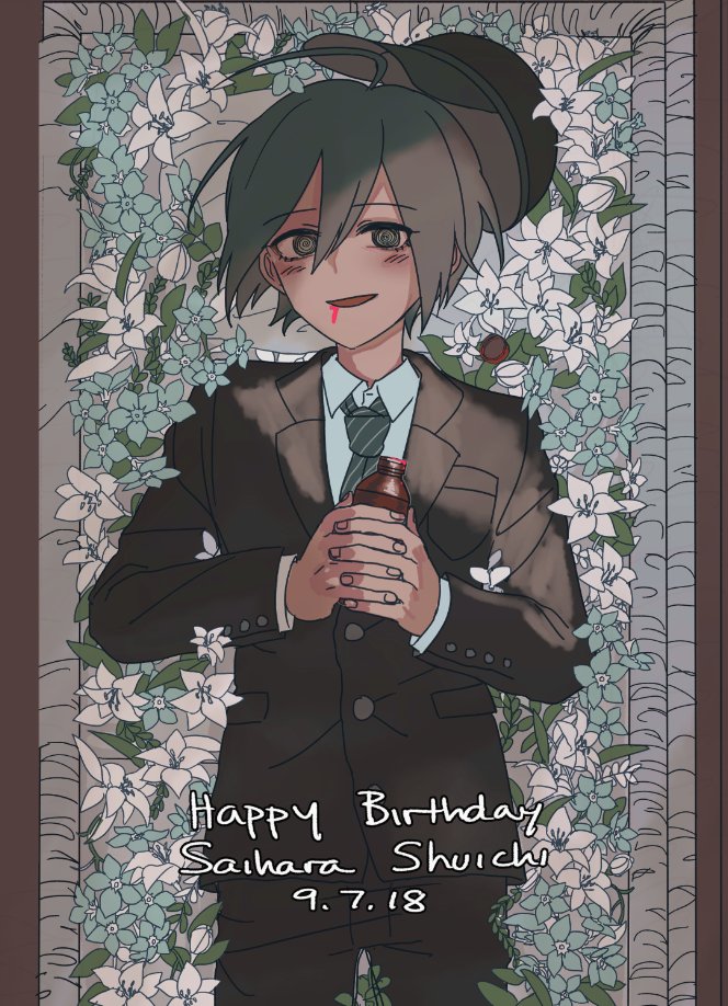1boy :d ahoge bangs black_headwear black_jacket black_pants blood blood_from_mouth blush bottle brown_eyes character_name collared_shirt cowboy_shot dangan_ronpa_(series) dangan_ronpa_v3:_killing_harmony dated flower hair_between_eyes happy_birthday holding holding_bottle jacket laaaicha long_sleeves looking_at_viewer lying male_focus necktie on_back open_mouth own_hands_together pants saihara_shuuichi shirt short_hair smile solo striped striped_neckwear