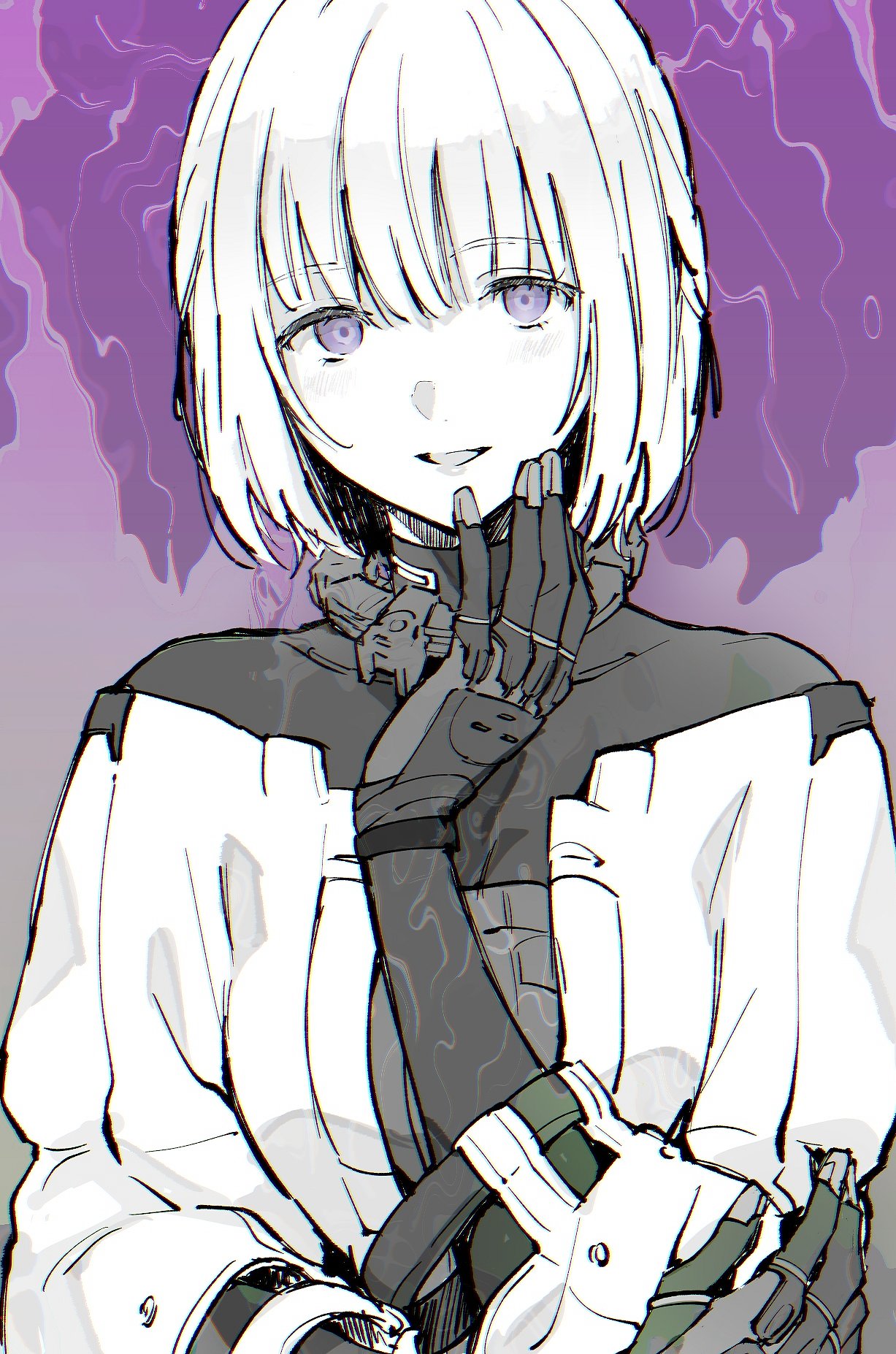 1girl bangs breasts commentary_request dm_owr girls_frontline gloves hair_between_eyes hand_on_own_cheek hand_on_own_face highres limited_palette looking_at_viewer medium_breasts open_mouth purple_background rpk-16_(girls_frontline) short_hair smile solo upper_body violet_eyes white_hair