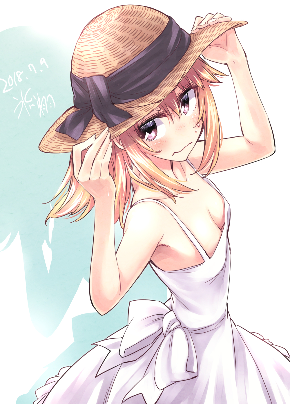 1girl alternate_hair_color blonde_hair breasts dated dress hat highres hikawa_shou idolmaster idolmaster_cinderella_girls medium_hair signature small_breasts solo sun_hat sweatdrop upper_body wavy_mouth white_dress yuuki_haru