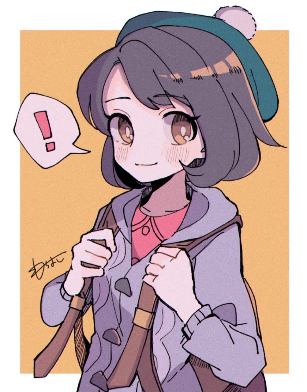 ! 1girl backpack bag bangs blush bob_cut bright_pupils brown_bag brown_eyes brown_hair buttons cable_knit cardigan closed_mouth collared_dress commentary_request dress eyelashes gloria_(pokemon) green_headwear grey_cardigan hat highres holding_strap hooded_cardigan omochi_kuenai pink_dress pokemon pokemon_(game) pokemon_swsh short_hair smile solo spoken_exclamation_mark tam_o'_shanter upper_body white_pupils