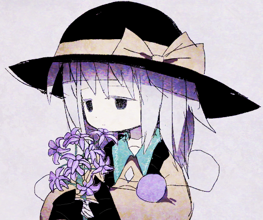 1girl bangs black_eyes black_headwear child colored_eyelashes commentary_request eyebrows_visible_through_hair flat_chest flower frilled_shirt frilled_sleeves frills grey_background grey_hair half-closed_eyes hands_together hands_up hat hat_ribbon holding holding_flower komeiji_koishi long_hair long_sleeves lotosu muted_color parted_lips purple_flower ribbon shirt sidelocks simple_background sketch solo third_eye touhou upper_body wide_sleeves yellow_ribbon yellow_shirt