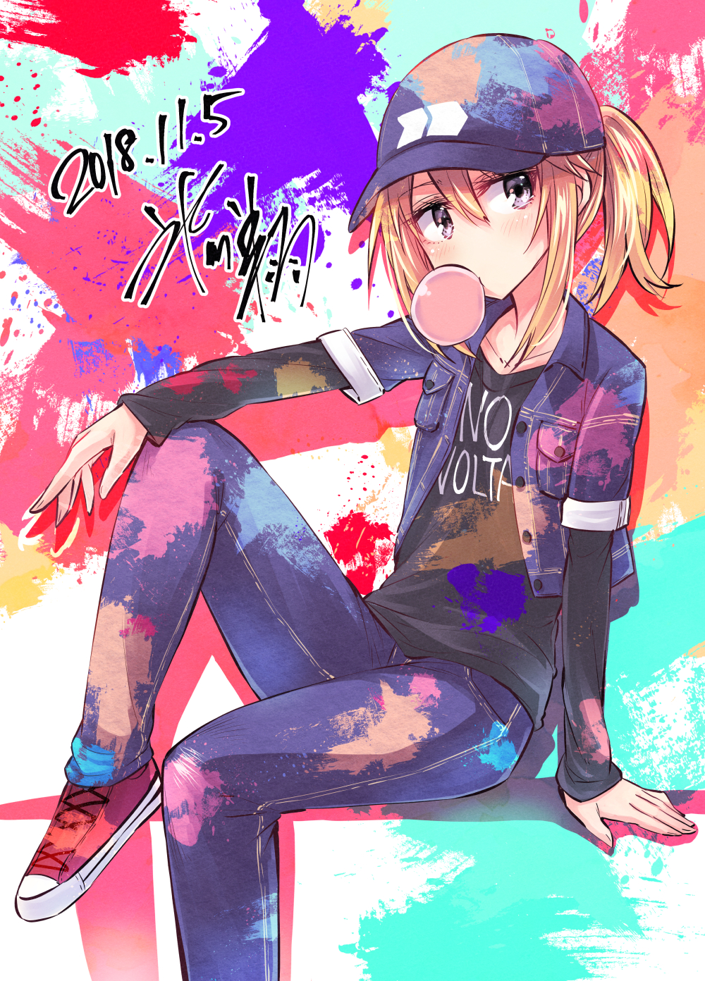 1girl arm_rest baseball_cap blue_headwear bubble_blowing chewing_gum collarbone cropped_jacket dated denim denim_jacket hat highres hikawa_shou idolmaster idolmaster_cinderella_girls jeans long_sleeves orange_hair paint_splatter pants shoes signature sitting sneakers solo violet_eyes yuuki_haru