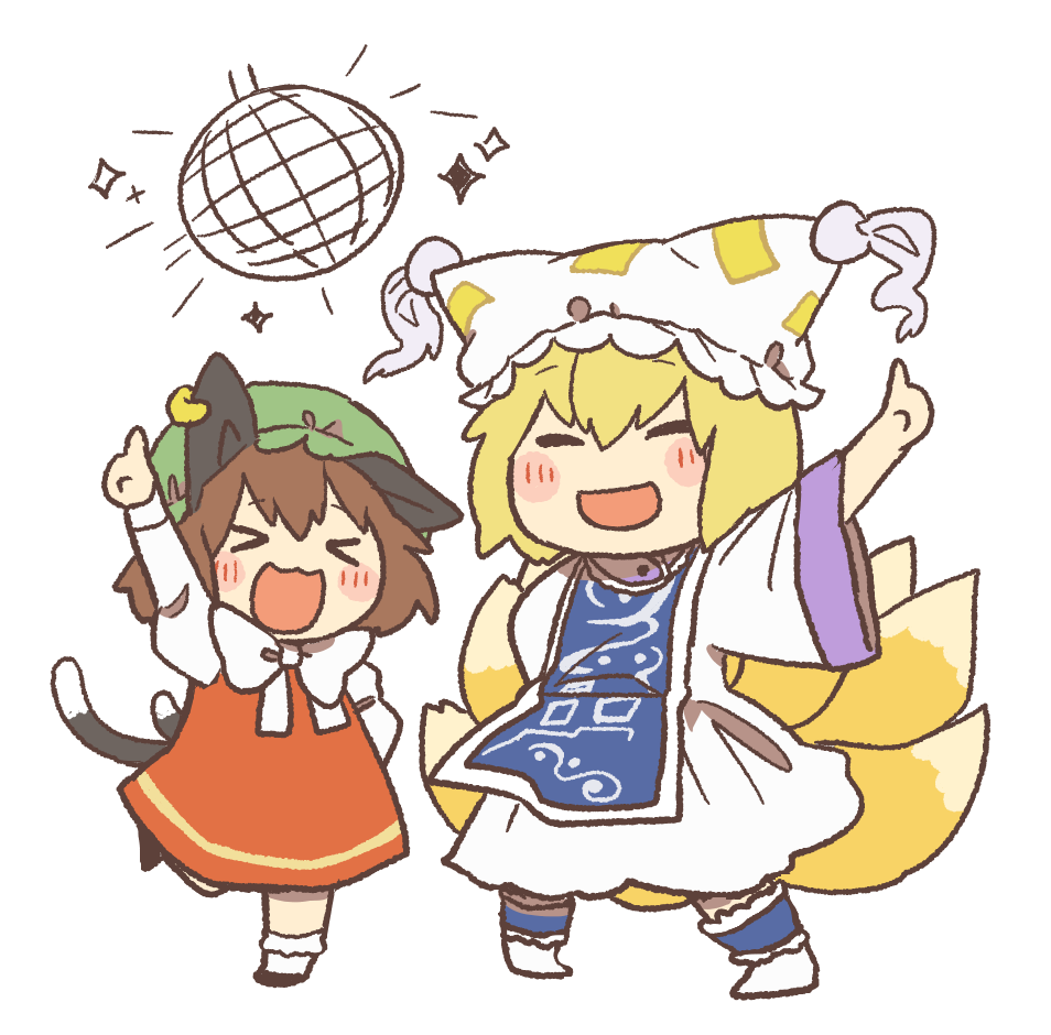 &gt;_&lt; 2girls arm_up bangs black_footwear blonde_hair blush_stickers bow bowtie brown_hair cat_tail chen chibi citrus_(place) closed_eyes disco_ball dress earrings fox_tail full_body green_headwear hat index_finger_raised jewelry long_sleeves medium_hair mob_cap multiple_girls multiple_tails open_mouth pillow_hat red_dress shirt shoes simple_background smile socks sparkle standing standing_on_one_leg tail tassel touhou two_tails white_background white_dress white_headwear white_legwear white_neckwear white_shirt wide_sleeves yakumo_ran