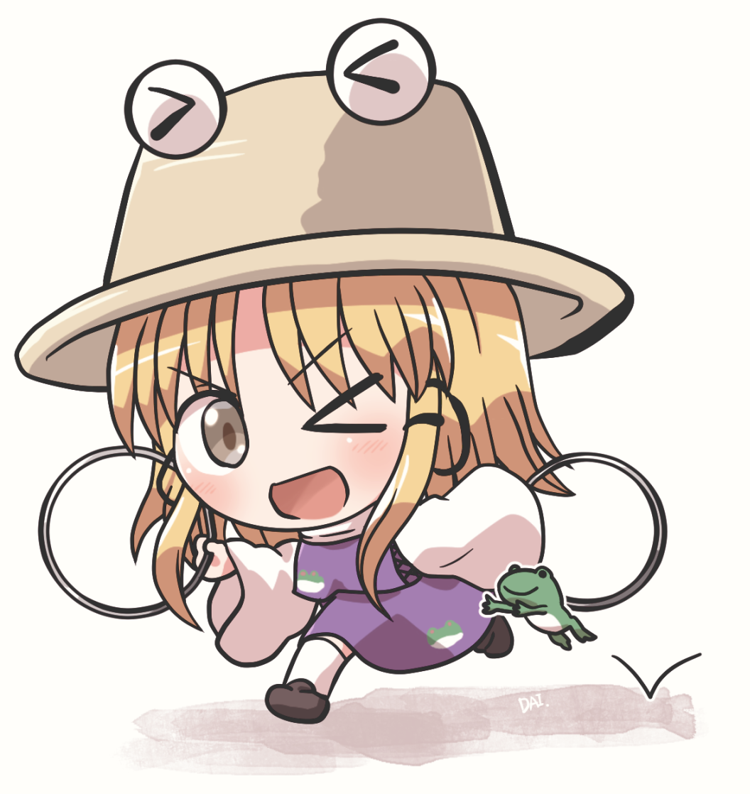 1girl animal animal_print bangs black_eyes blonde_hair blush boots brown_eyes brown_footwear brown_headwear chibi closed_mouth dress eyebrows_visible_through_hair frog frog_print hat jewelry jumping long_sleeves looking_at_viewer medium_hair moriya_suwako one_eye_closed open_mouth purple_dress ring rokugou_daisuke running shadow simple_background smile socks solo touhou white_background white_legwear white_sleeves wide_sleeves