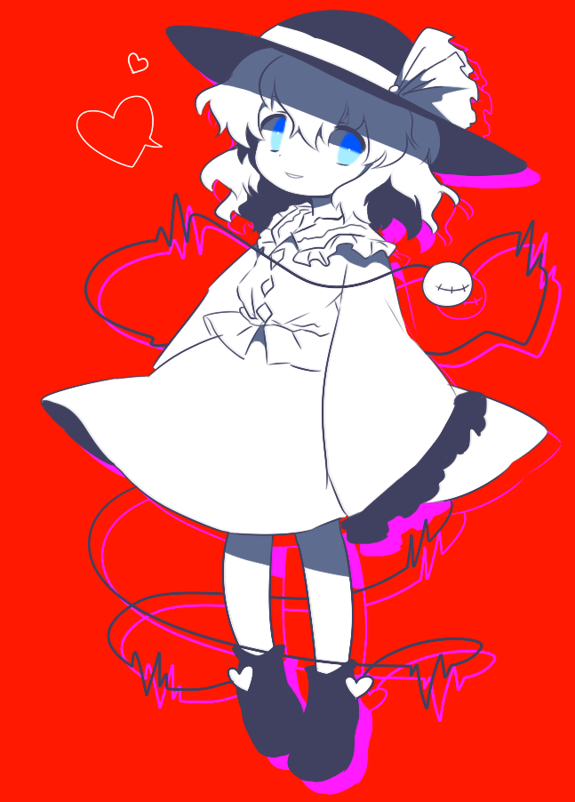 1girl arms_at_sides bangs blue_eyes boots cardiogram child commentary_request drop_shadow flat_chest frilled_shirt frilled_sleeves frills full_body happy hat hat_ribbon heart komeiji_koishi long_sleeves looking_to_the_side lotosu medium_hair monochrome parted_lips red_background ribbon shirt sidelocks simple_background skirt smile solo speech_bubble spoken_heart standing stitches third_eye touhou wavy_hair wide_sleeves