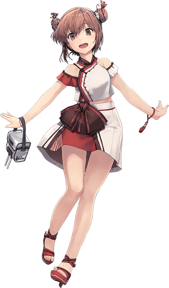 1girl armlet brown_eyes brown_hair double_bun dress full_body hair_ornament kantai_collection multicolored multicolored_clothes official_alternate_costume official_art outstretched_arms red_shirt red_skirt remodel_(kantai_collection) sandals shirt shizuma_yoshinori skirt tan_yang_(kancolle) transparent_background turret white_shirt white_skirt yukikaze_(kancolle)