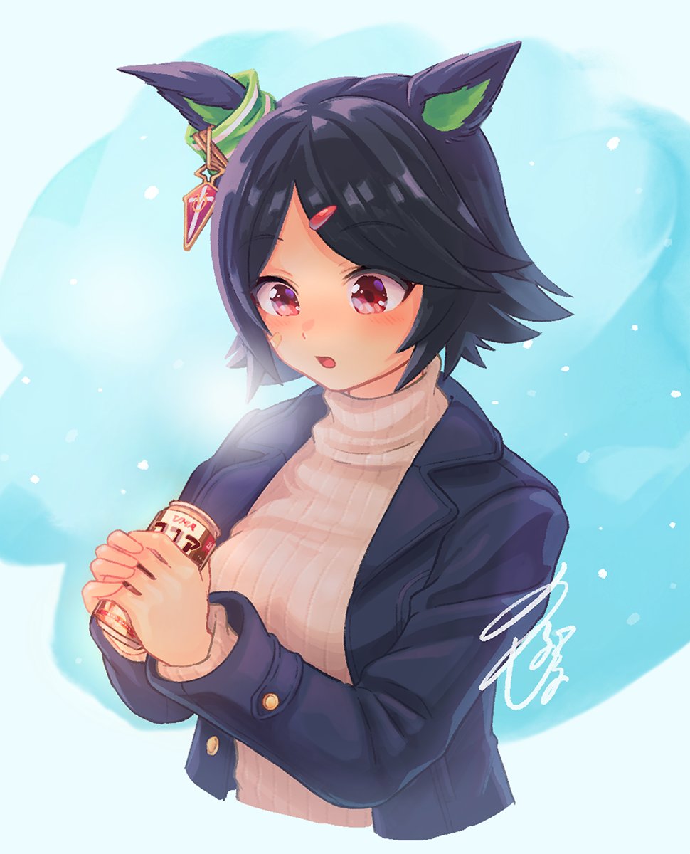 1girl animal_ears bandaid bandaid_on_face black_hair blue_coat blush breasts breath can coat cold cropped_torso hair_ornament hairclip highres holding holding_can horse_ears long_sleeves medium_breasts open_clothes open_coat open_mouth own_hands_together red_eyes short_hair signature snow solo sweater turtleneck turtleneck_sweater umamusume unajiru upper_body winning_ticket_(umamusume)