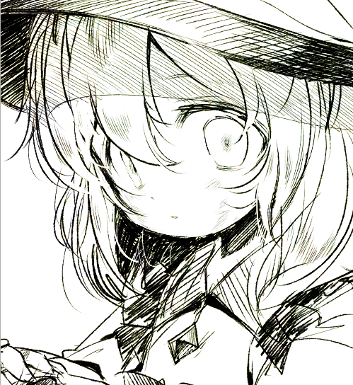 1girl bangs child commentary_request flat_chest frilled_shirt frills greyscale hat komeiji_koishi looking_at_viewer lotosu monochrome open_mouth shirt sidelocks simple_background sketch solo touhou upper_body white_background wide-eyed