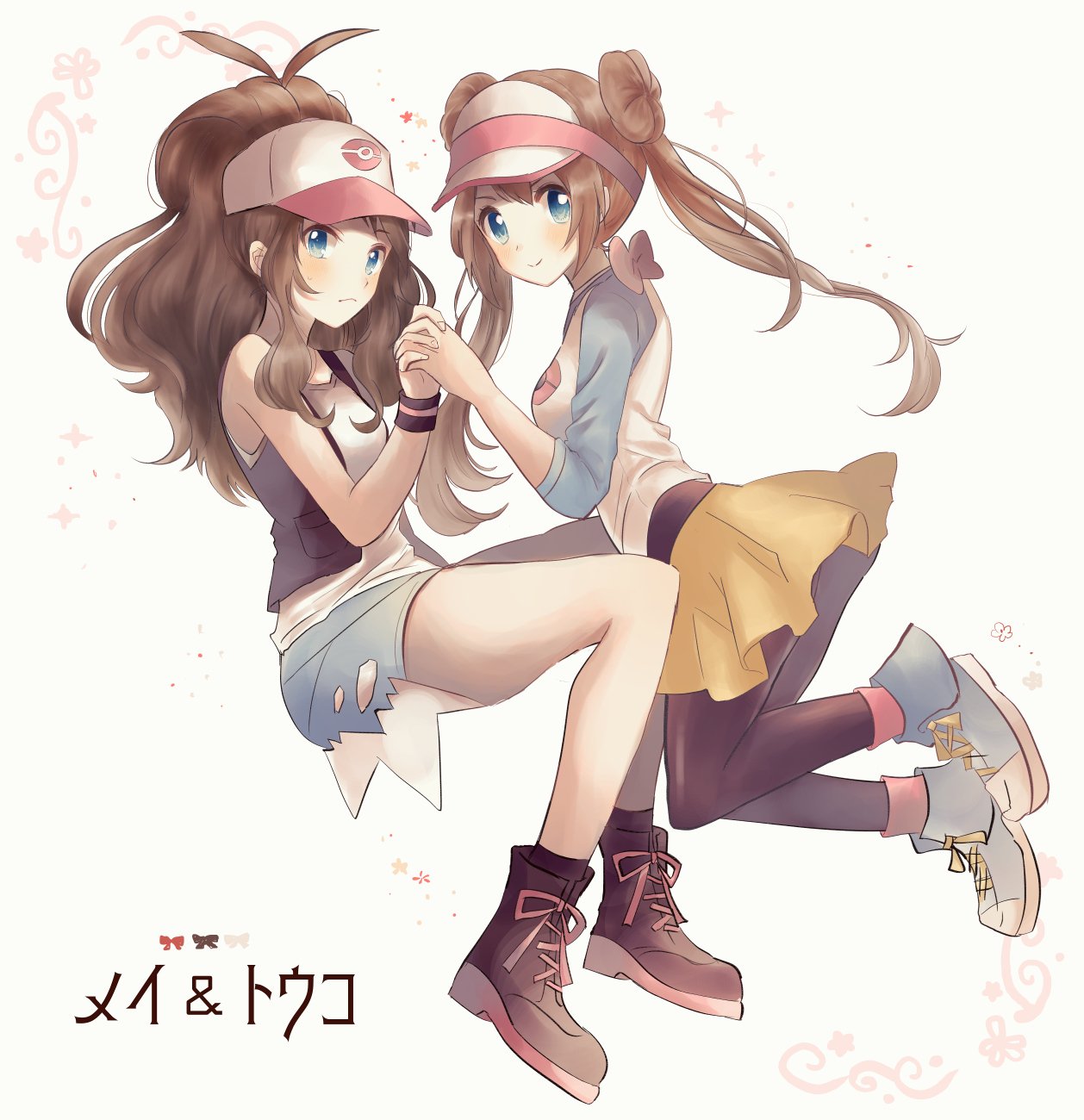 2girls bangs baseball_cap black_vest blue_eyes blush boots bow brown_hair closed_mouth commentary_request denim denim_shorts double_bun floating_hair hand_up hat high_ponytail highres hilda_(pokemon) holding_hands legwear_under_shorts long_hair looking_at_viewer multiple_girls nasakixoc pantyhose pink_bow pokemon pokemon_(game) pokemon_bw pokemon_bw2 rosa_(pokemon) shirt shoes short_shorts shorts sidelocks sleeveless sleeveless_shirt smile sneakers tank_top twintails vest visor_cap white_shirt wristband yellow_shorts