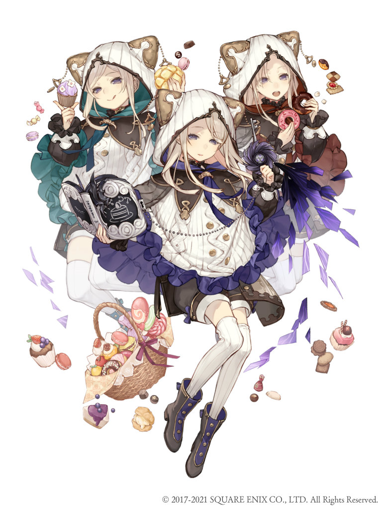 3girls :d basket blonde_hair book cake candy cracker cupcake doughnut eyebrows_visible_through_hair food frills full_body hood hood_up ji_no licking_lips long_hair looking_at_viewer macaron multiple_girls official_art open_mouth poncho shorts sinoalice smile square_enix thigh-highs three_little_pigs_(sinoalice) tongue tongue_out upper_teeth violet_eyes white_background