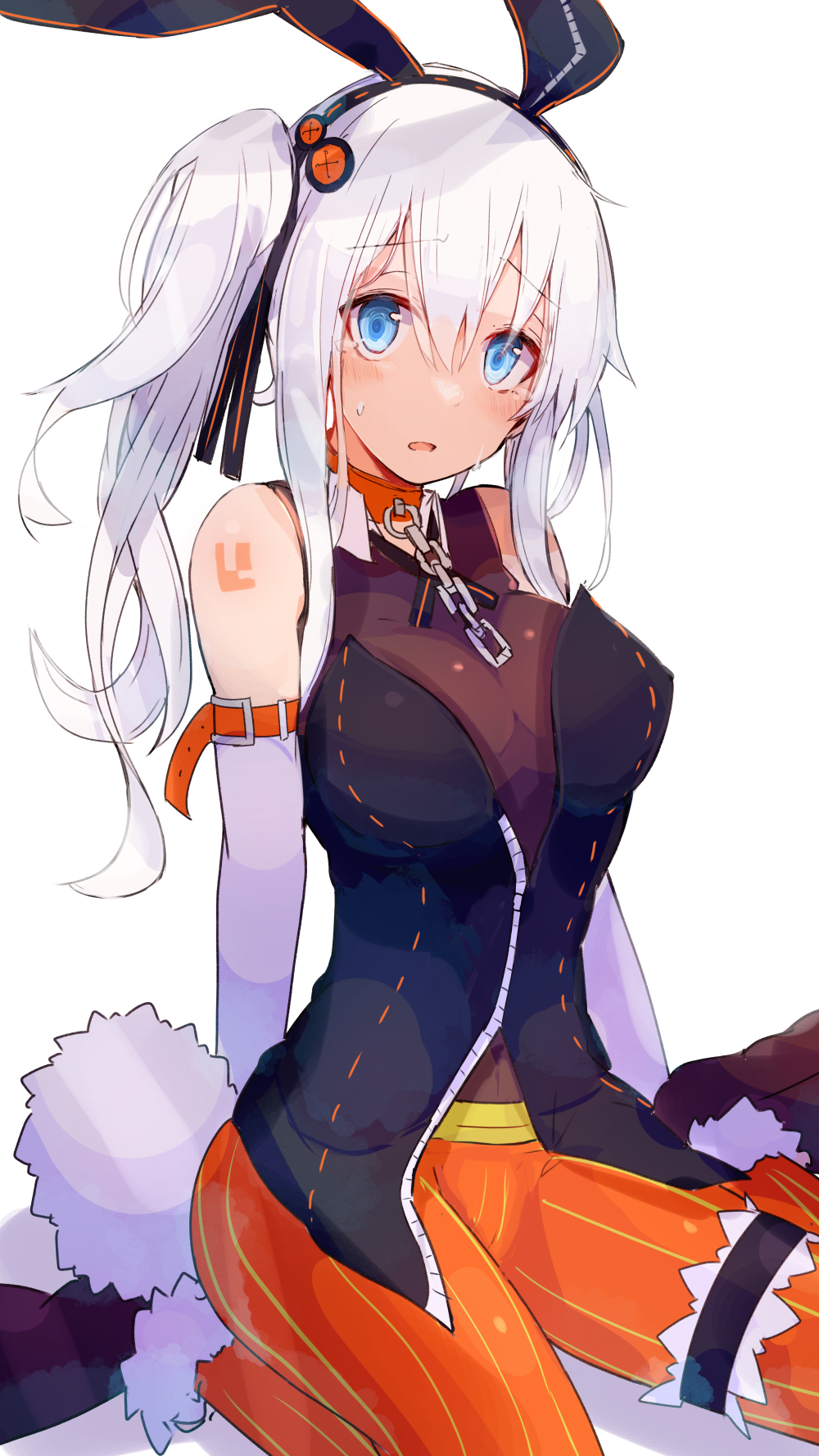 1girl animal_ears arm_belt black_shirt blue_eyes chain collar commentary elbow_gloves fur-trimmed_pants gloves hair_ornament hairband highres kizuna_akari kujira_hebi leg_garter light_blush looking_at_viewer medium_hair open_mouth orange_pants pants rabbit_ears rabbit_tail shirt side_ponytail sitting sleeveless sleeveless_shirt solo sweat tail vocaloid voiceroid wariza white_background white_gloves white_hair