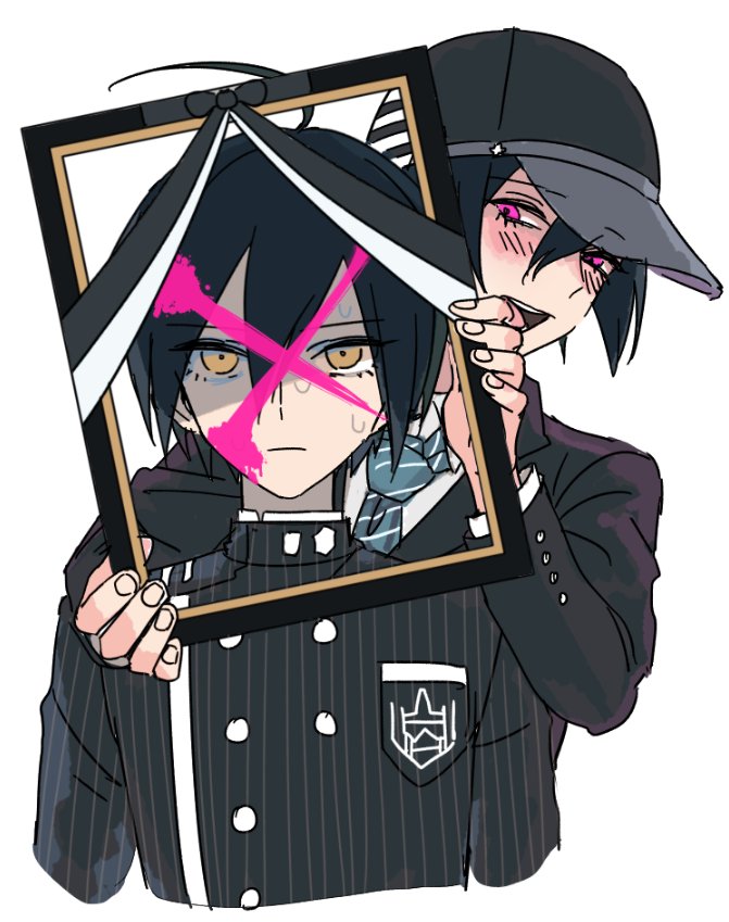 2boys ahoge bangs black_hair black_headwear black_jacket blood blush breast_pocket brown_eyes buttons collared_shirt cropped_torso cross dangan_ronpa_(series) dangan_ronpa_v3:_killing_harmony dual_persona foreshortening hair_between_eyes holding iei jacket laaaicha looking_at_viewer male_focus multiple_boys necktie pink_blood pink_eyes pocket saihara_shuuichi shirt short_hair simple_background striped striped_jacket striped_neckwear upper_body white_background