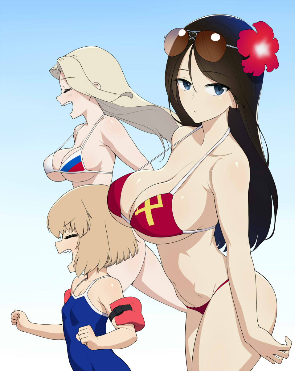 3girls blue_background breasts clara_(girls_und_panzer) closed_eyes commentary_request emblem eyewear_on_head flower girls_und_panzer gradient gradient_background hair_flower hair_ornament highres katyusha_(girls_und_panzer) large_breasts looking_at_viewer multiple_girls nonna_(girls_und_panzer) one-piece_swimsuit open_mouth pravda_(emblem) school_swimsuit small_breasts smile sunglasses swimsuit wata_do_chinkuru