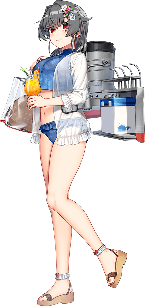1girl akasaka_yuzu bag bikini black_hair blue_bikini braid breasts cooler cup drink frilled_bikini frilled_bikini_bottom frills full_body hair_flaps hair_intakes hair_ornament hair_over_shoulder hairclip holding holding_cup huge_breasts jingei_(kancolle) kantai_collection long_hair looking_at_viewer low_ponytail machinery navel official_art red_eyes sandals shoulder_bag single_braid smile solo standing standing_on_one_leg swimsuit transparent_background transparent_bag turtleneck
