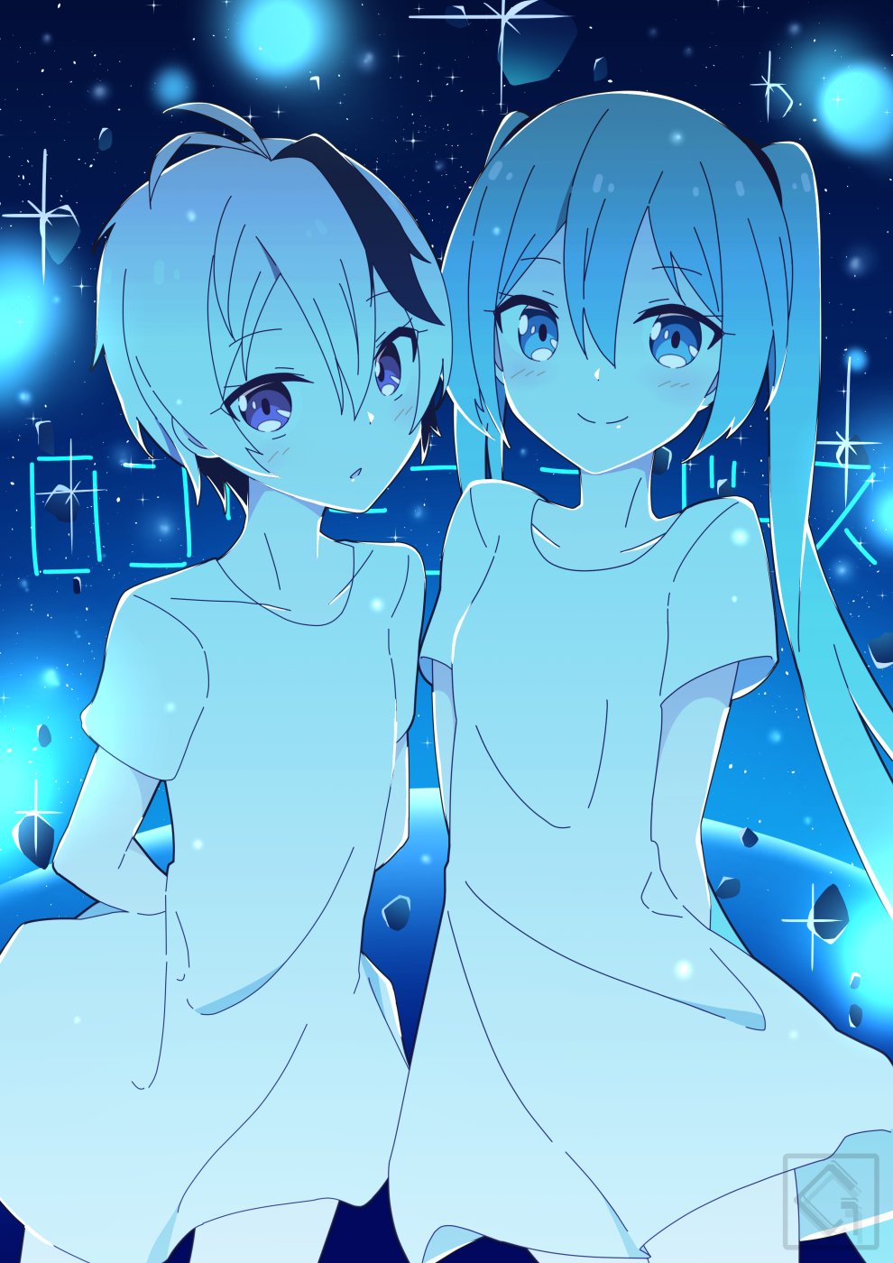 2girls ahoge aqua_eyes aqua_hair arms_behind_back artist_logo asteroid black_hair blue_theme collarbone commentary cowboy_shot flower_(vocaloid) giryu hatsune_miku highres light_blush long_hair looking_at_viewer multicolored_hair multiple_girls open_mouth shirt short_hair short_sleeves smile song_name sparkle star_(sky) streaked_hair translated twintails two-tone_hair v_flower_(vocaloid4) very_long_hair violet_eyes vocaloid white_hair white_shirt