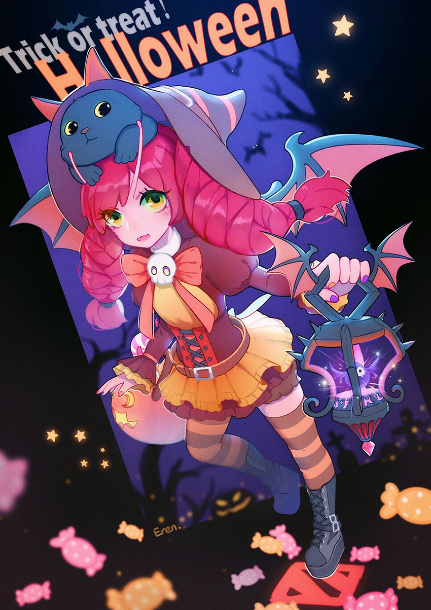 1girl :o bangs bat bat_wings black_footwear boots bow bowtie cage candy cat colored_skin dark_willow defense_of_the_ancients dota_2 dress eren_(artist) food full_body hair_between_eyes halloween halloween_costume hat highres holding horns lollipop long_hair long_sleeves looking_at_viewer night night_sky open_mouth pink_hair pink_skin pumpkin sky star_(sky) star_(symbol) striped striped_legwear tree tree_branch twintails wings witch witch_hat yellow_eyes