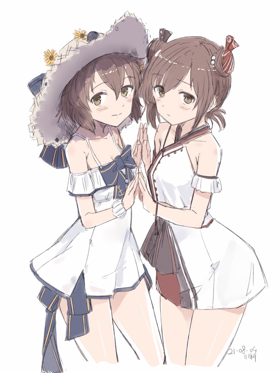 2girls artist_name brown_eyes brown_hair closed_mouth collarbone cropped_legs dated double_bun dress dual_persona eyebrows_visible_through_hair flower hair_between_eyes hat hat_flower highres kantai_collection kawashina_(momen_silicon) looking_at_viewer multiple_girls remodel_(kantai_collection) short_hair signature simple_background skirt sun_hat tan_yang_(kancolle) white_background white_dress white_skirt yellow_flower yukikaze_(kancolle)