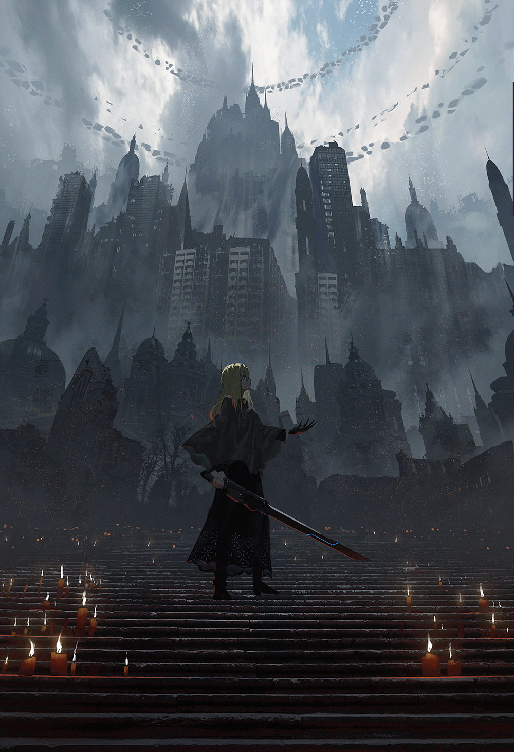 1girl asteroid_ill blonde_hair building candle castle city cornea_(asteroid_ill) embers fog from_side hair_over_eyes highres holding holding_sword holding_weapon long_hair original outstretched_hand overcast poncho ruins scenery solo stairs sword tree weapon