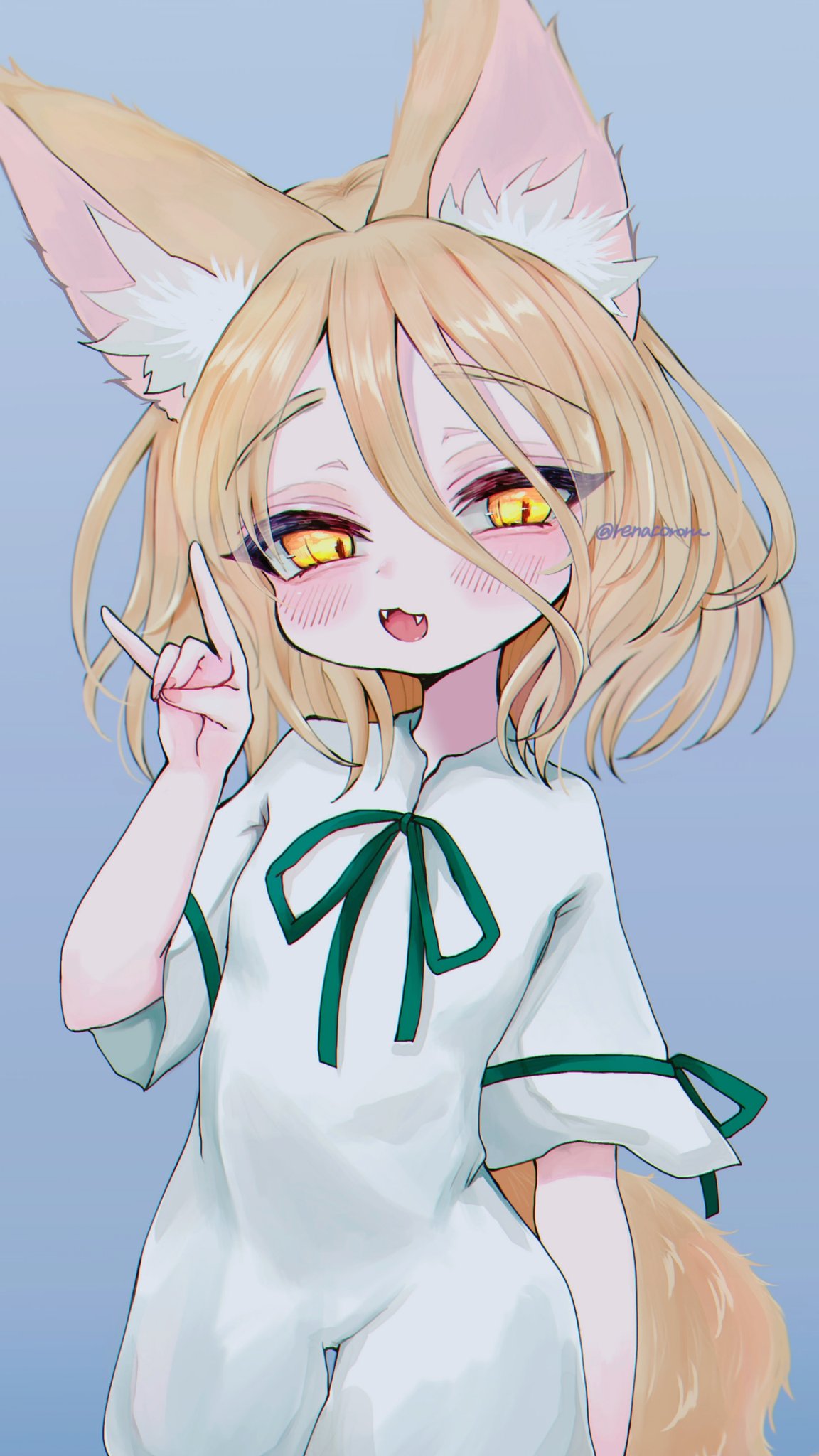 1girl animal_ears artist_name bangs blonde_hair blue_background blush bow eyebrows_visible_through_hair eyes_visible_through_hair face fox_ears fox_tail green_bow green_neckwear hair_between_eyes hand_up hands highres holding jumpsuit kudamaki_tsukasa looking_at_viewer open_mouth renakobonb short_hair short_sleeves simple_background smile solo standing tail touhou white_jumpsuit white_sleeves wide_sleeves yellow_eyes