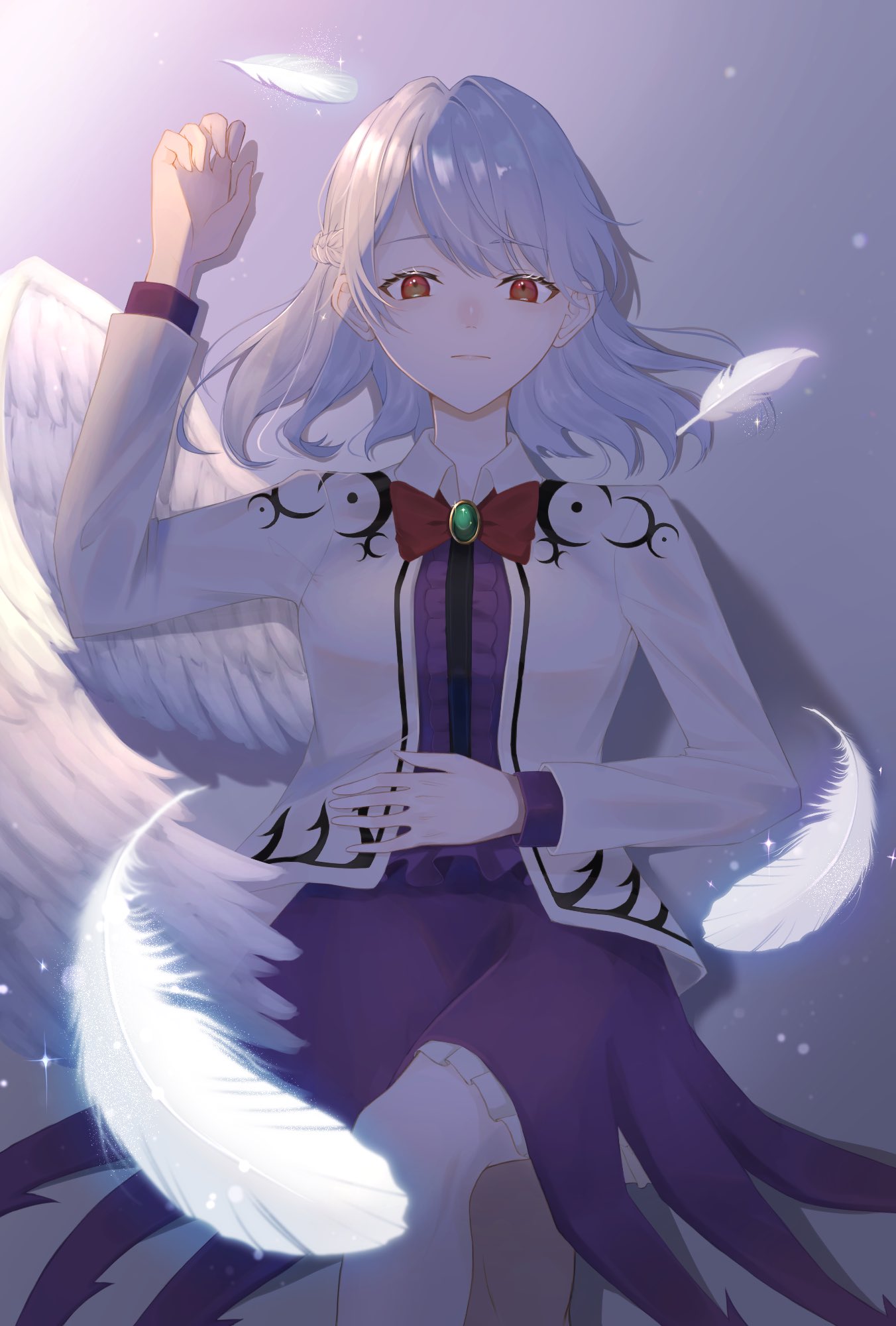 1girl angel_wings arm_up bangs beige_jacket bow bowtie braid breasts brooch center_frills closed_mouth commentary_request dress expressionless feathered_wings feathers feet_out_of_frame french_braid frills grey_background hand_up highres jewelry kishin_sagume light_particles looking_at_viewer lying medium_breasts medium_hair on_back petticoat purple_dress red_bow red_eyes red_neckwear silver_hair simple_background single_wing solo swept_bangs touhou umeko_81 wings