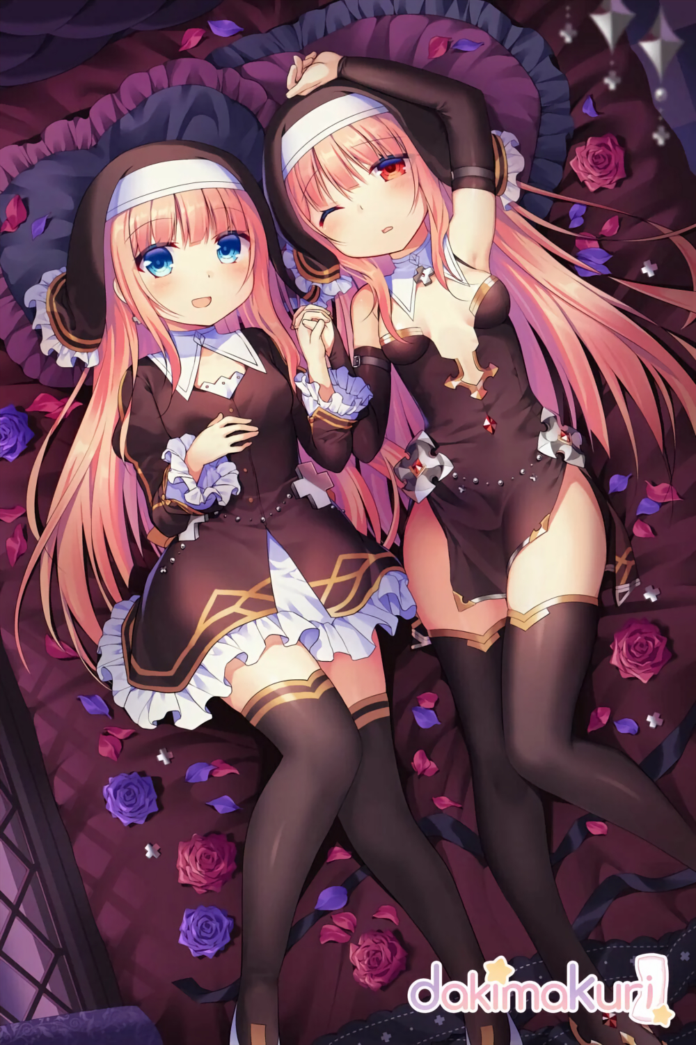 2girls :d arm_up bangs black_legwear black_sleeves blonde_hair blue_eyes blush breasts brown_dress commentary craytm detached_sleeves dress english_commentary eyebrows_visible_through_hair feet_out_of_frame flower frilled_dress frilled_pillow frills habit hand_up highres holding_hands interlocked_fingers juliet_sleeves long_hair long_sleeves lying multiple_girls nun on_back one_eye_closed open_mouth original parted_lips petals pillow puffy_sleeves purple_flower purple_rose red_eyes red_flower red_rose rose small_breasts smile strapless strapless_dress thigh-highs very_long_hair